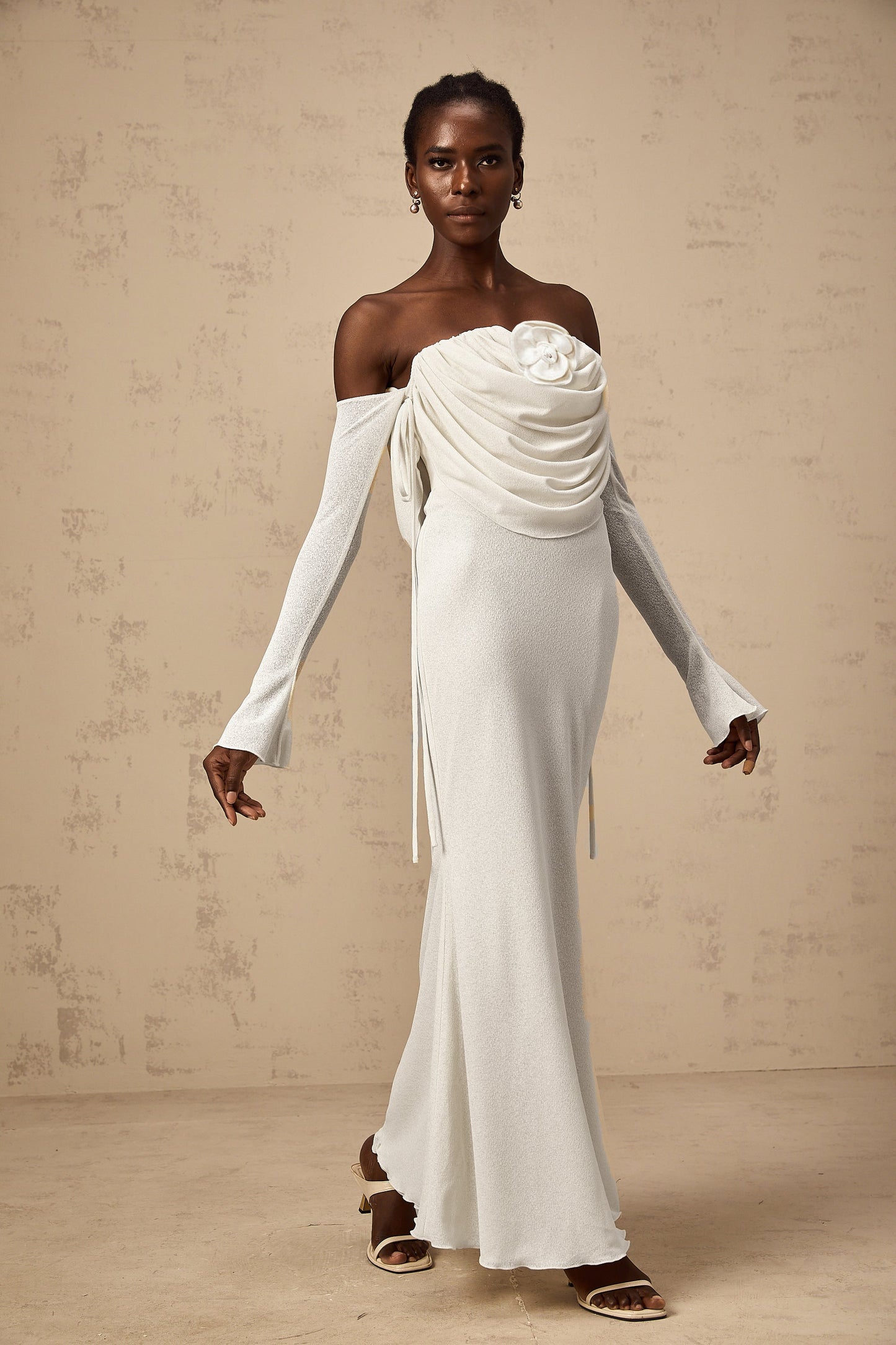 Julia floral-appliqué ruched strapless maxi dress