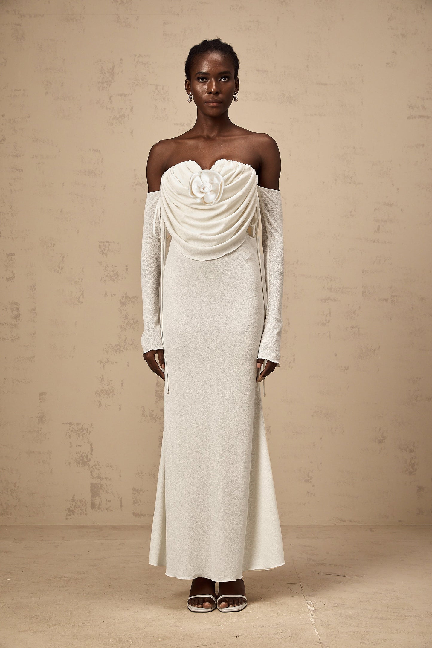 Julia floral-appliqué ruched strapless maxi dress