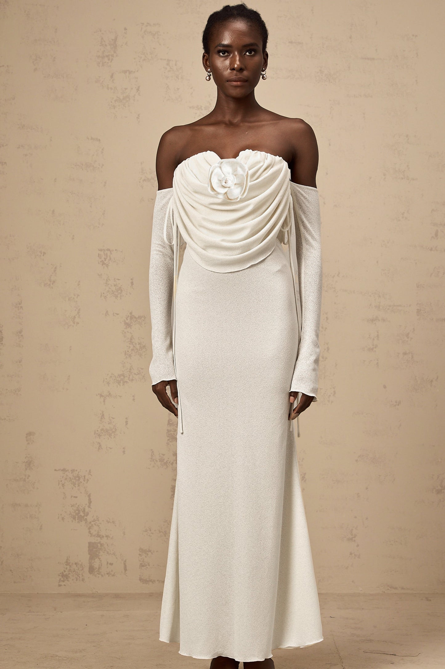 Julia floral-appliqué ruched strapless maxi dress