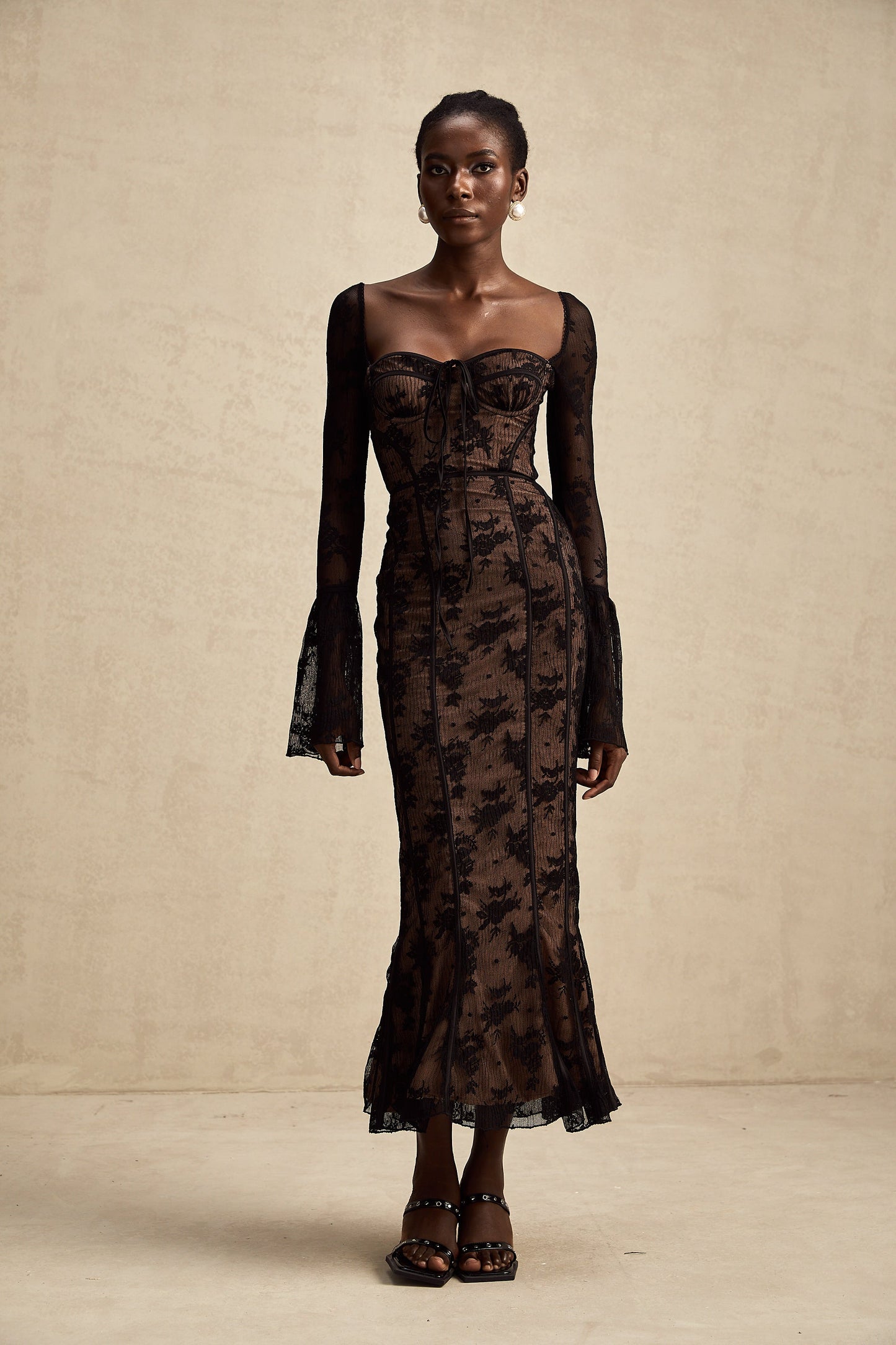 Marlene Black Flared Lace Maxi Dress