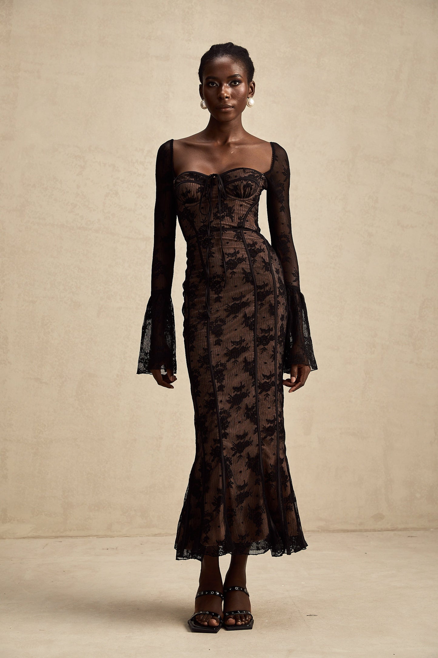 Marlene Black Flared Lace Maxi Dress