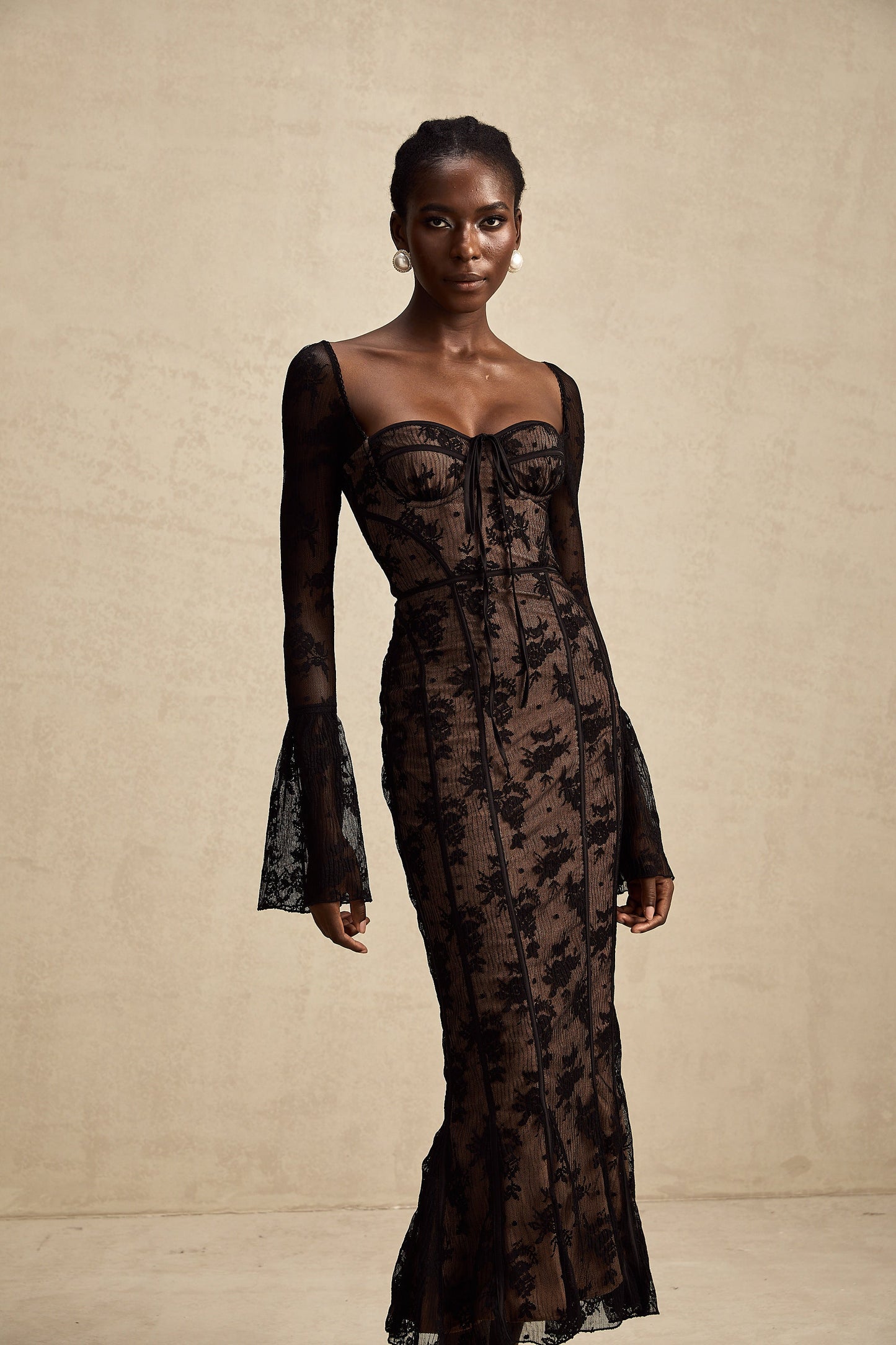 Marlene Black Flared Lace Maxi Dress
