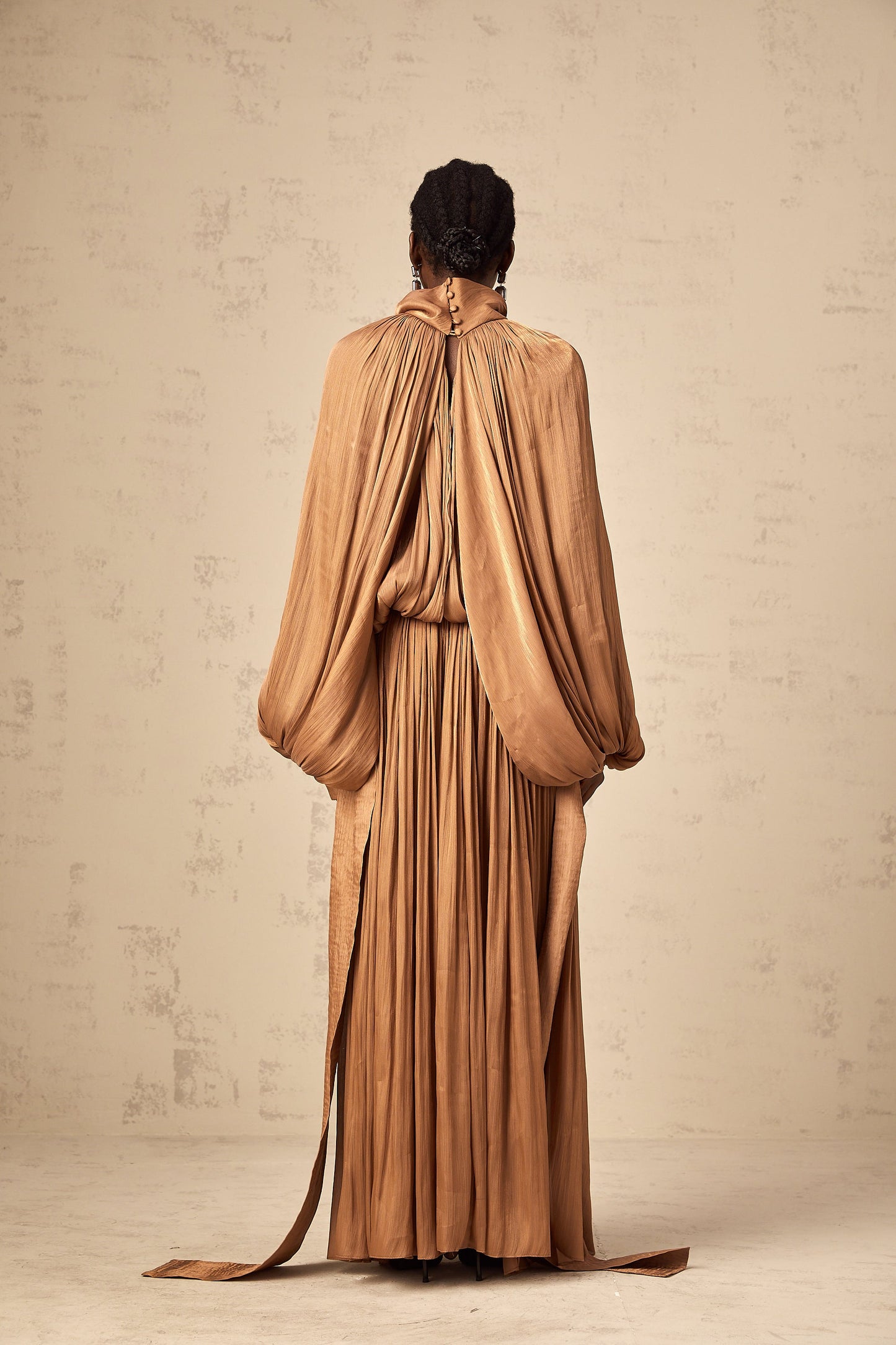 Mila Brown Pleated Satin Maxi Dress