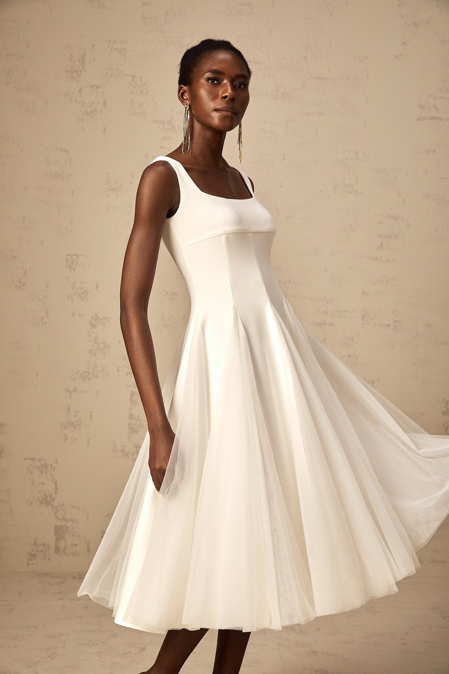 Danielle white tulle godet midi dress