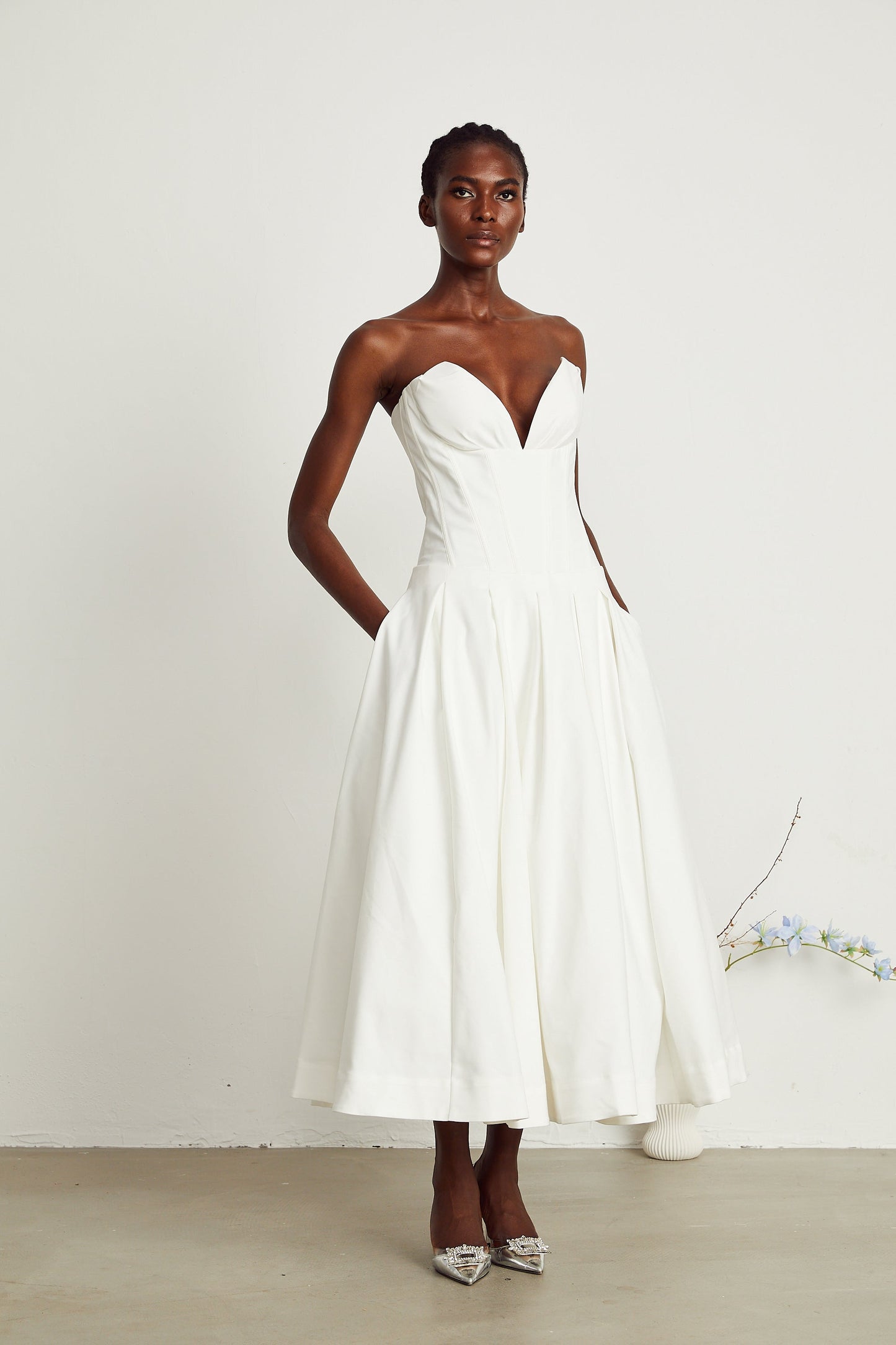 Katherine White Off-Shoulder Corset Midi Dress