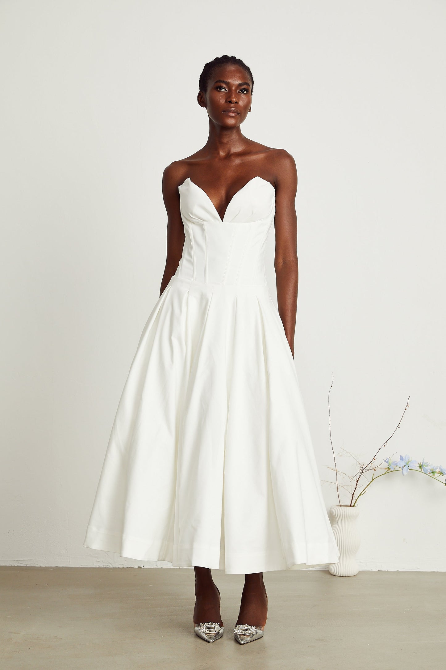 Katherine White Off-Shoulder Corset Midi Dress