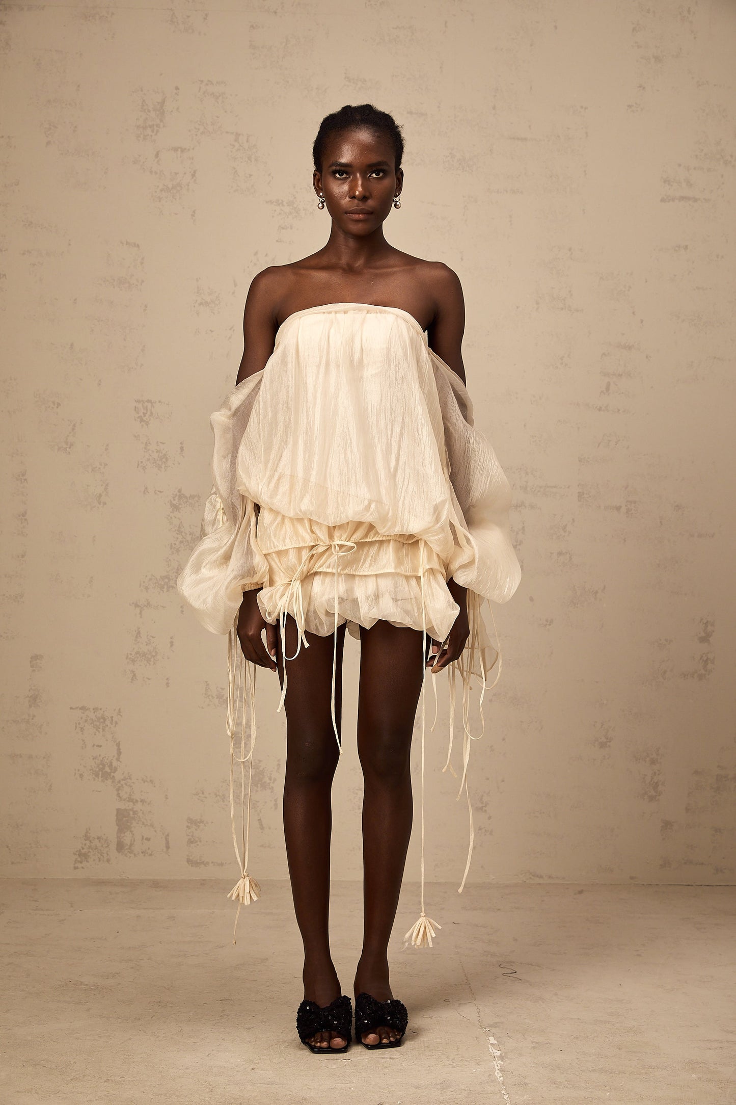 Joëlle self-tie ruched layered off-shoulder mini dress