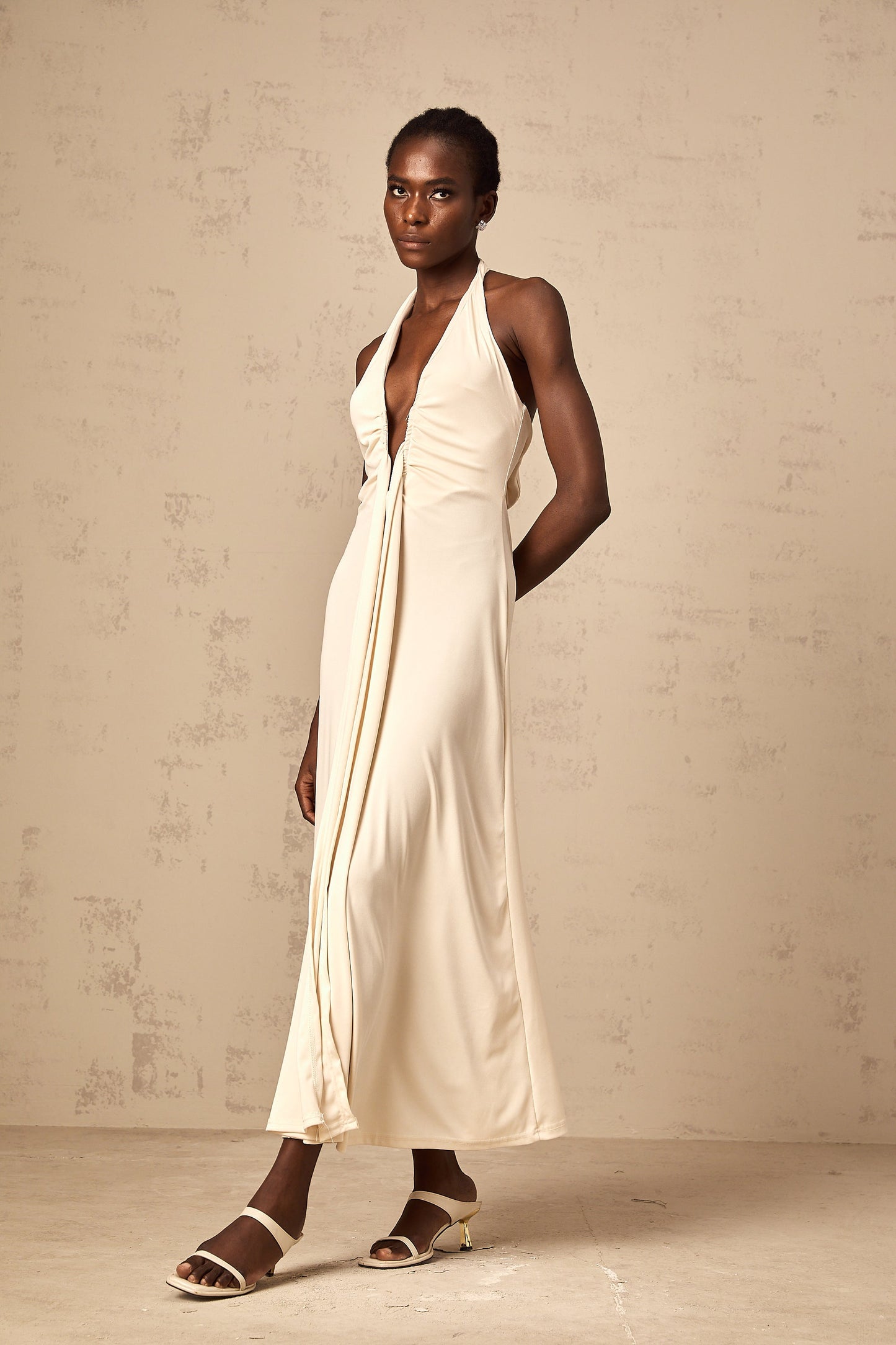Géraldine white deep V-neck draped maxi dress