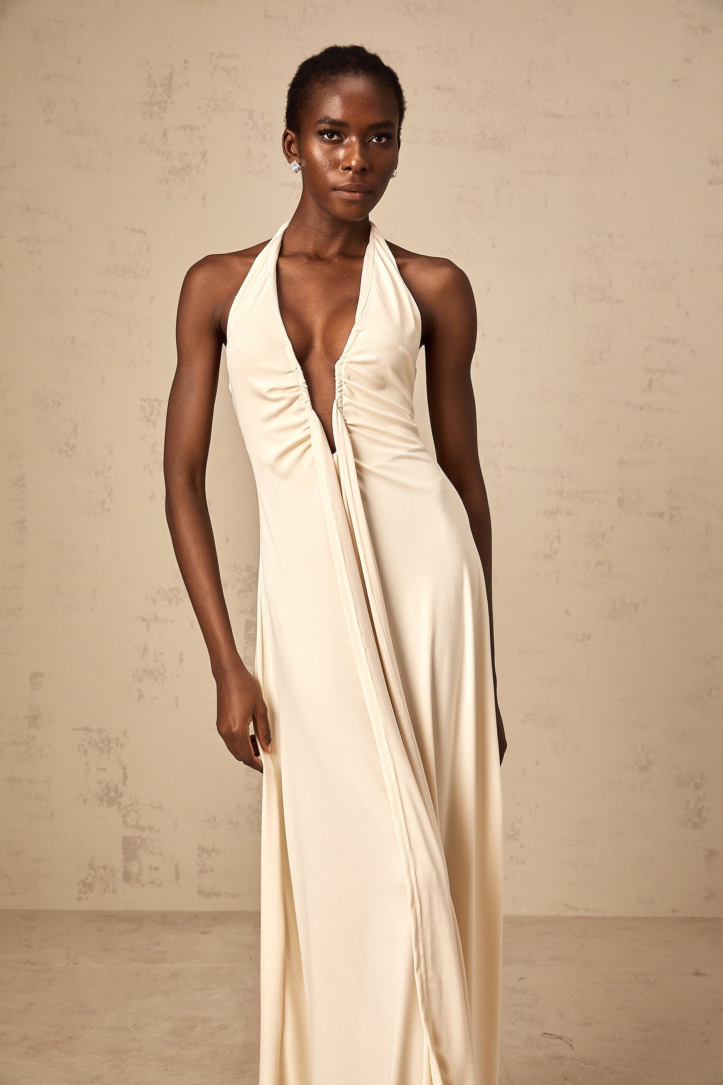 Géraldine white deep V-neck draped maxi dress