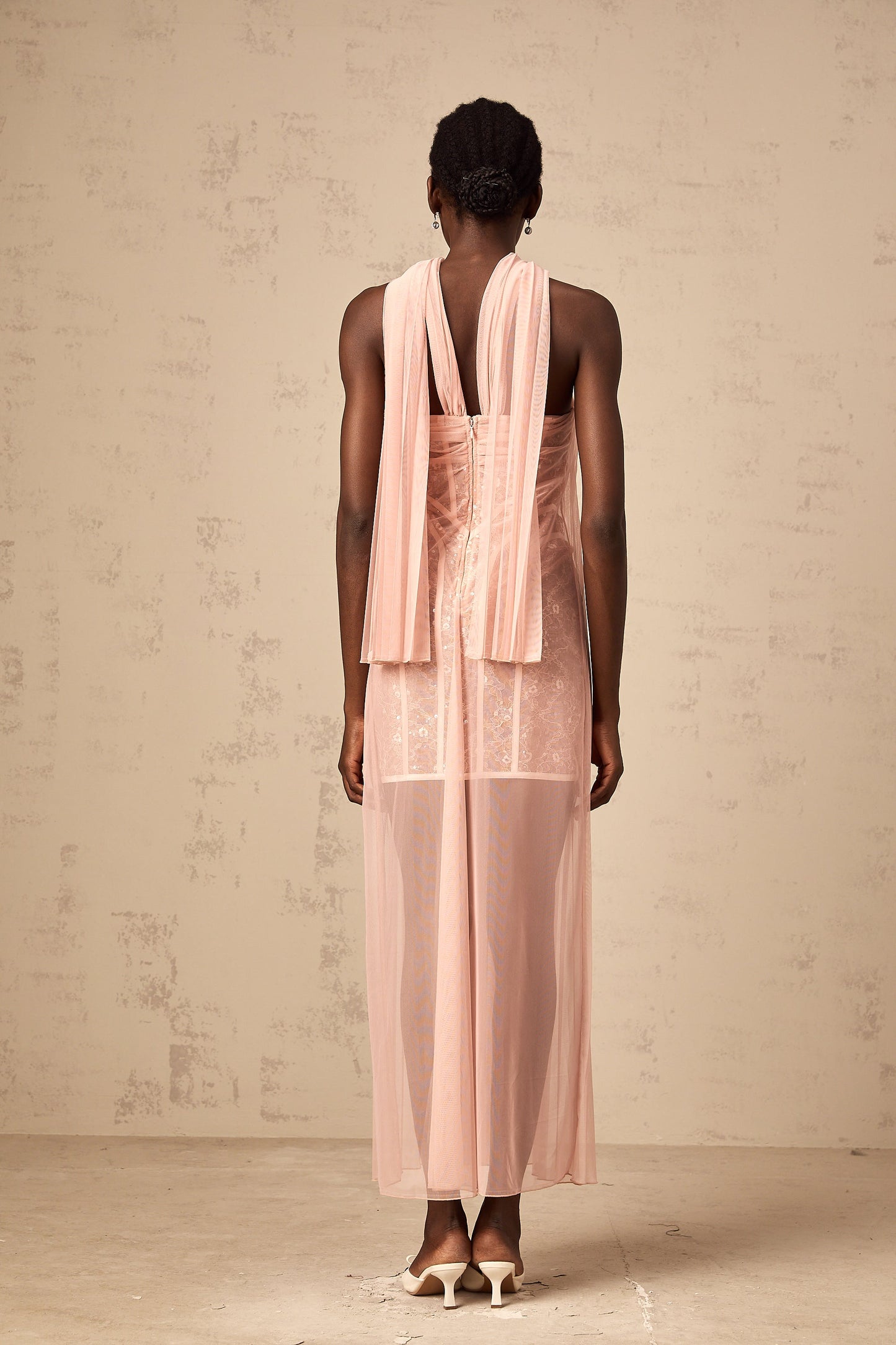Monique ribbon-design pleated tulle maxi dress in Pink