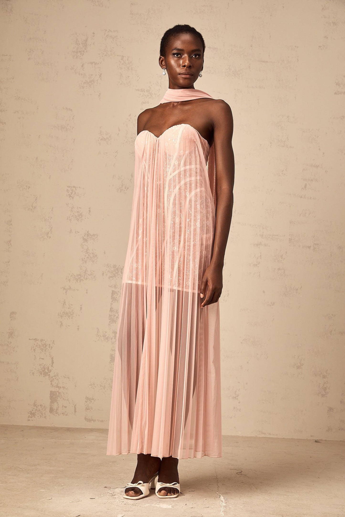 Monique ribbon-design pleated tulle maxi dress in Pink