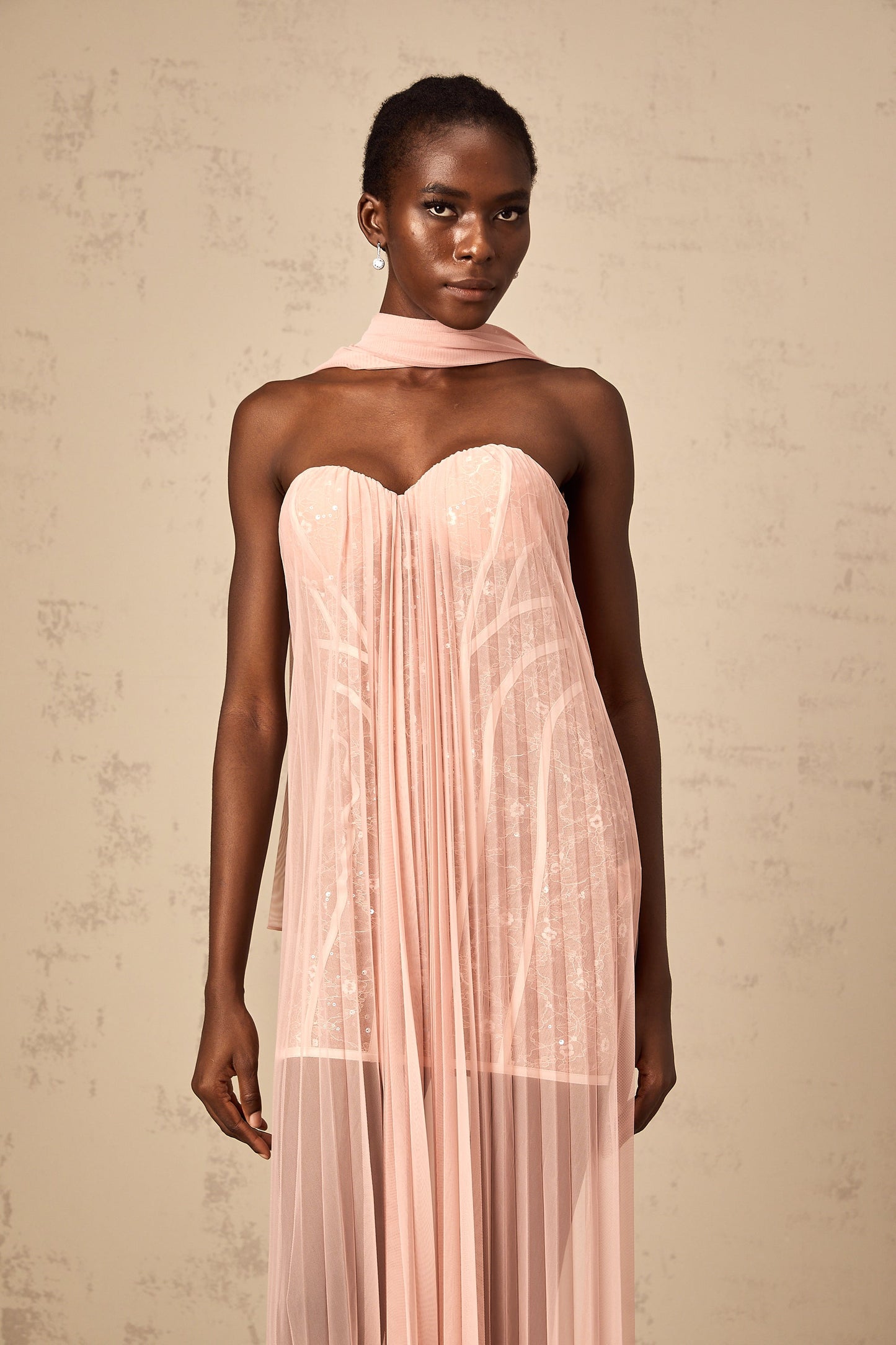 Monique ribbon-design pleated tulle maxi dress in Pink