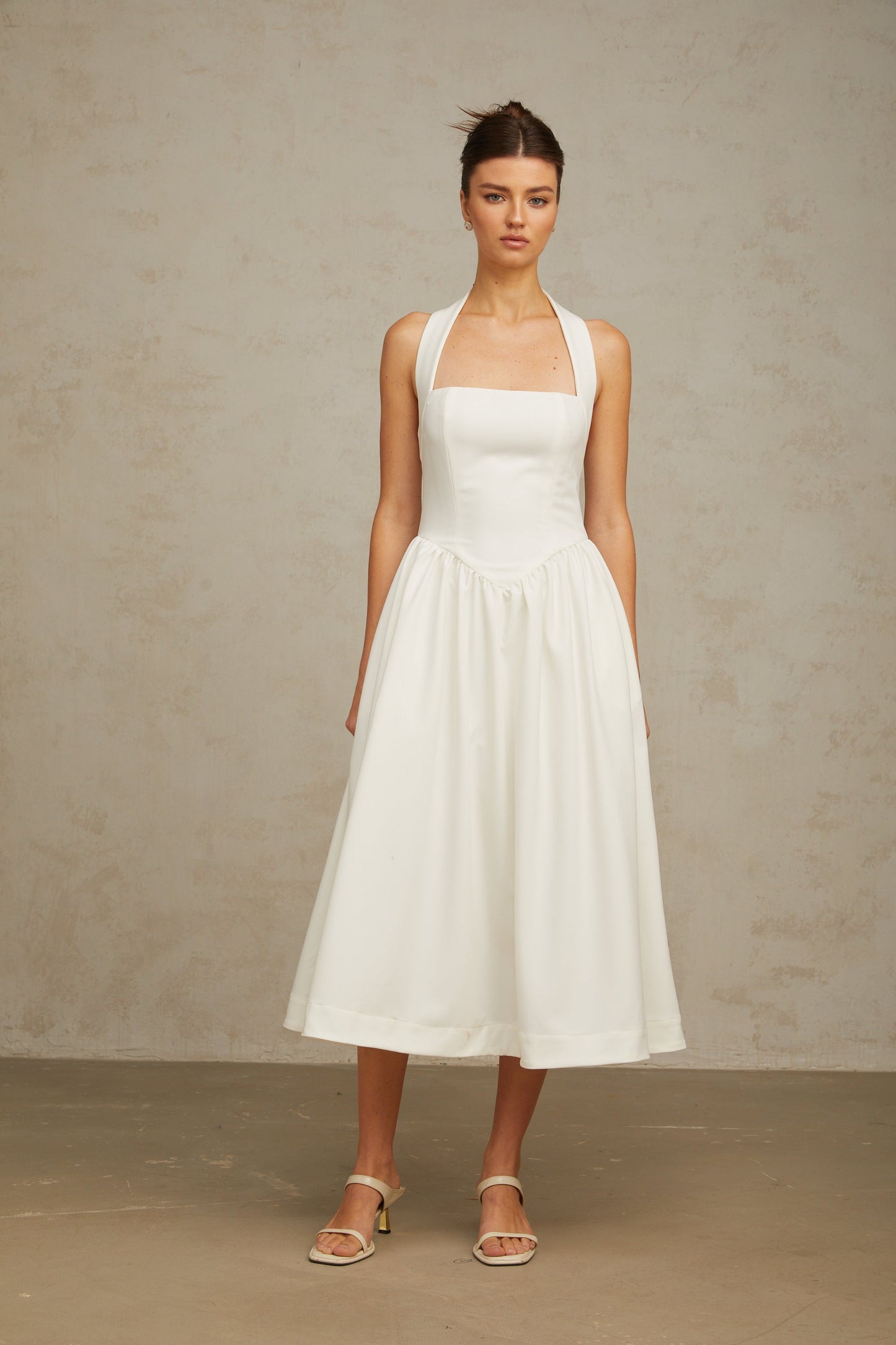 Alizée halterneck pleated midi dress in White