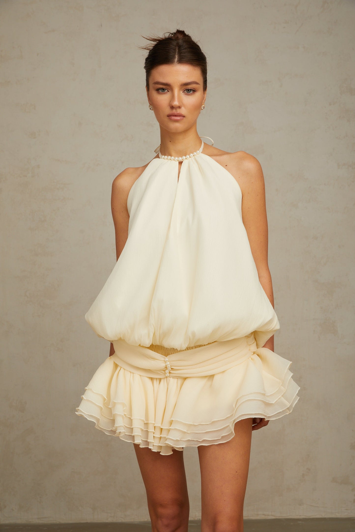 Bérénice white halterneck faux-pearl mini dress