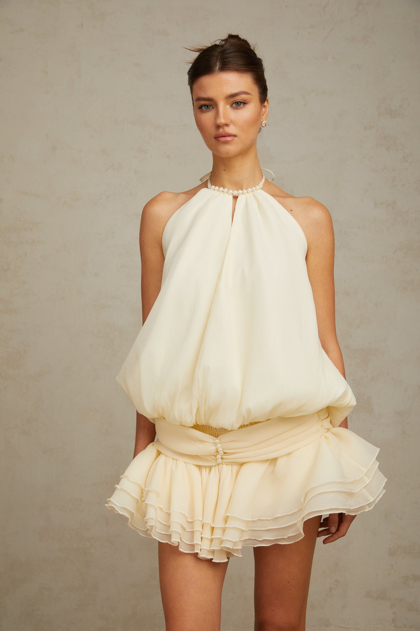 Bérénice white halterneck faux-pearl mini dress