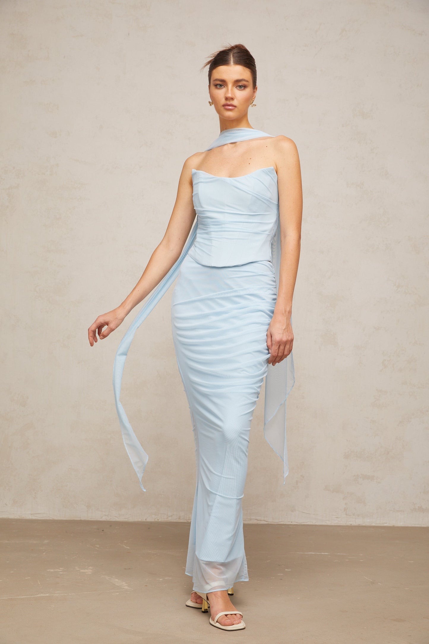 Léa blue ruched tulle top & skirt matching set