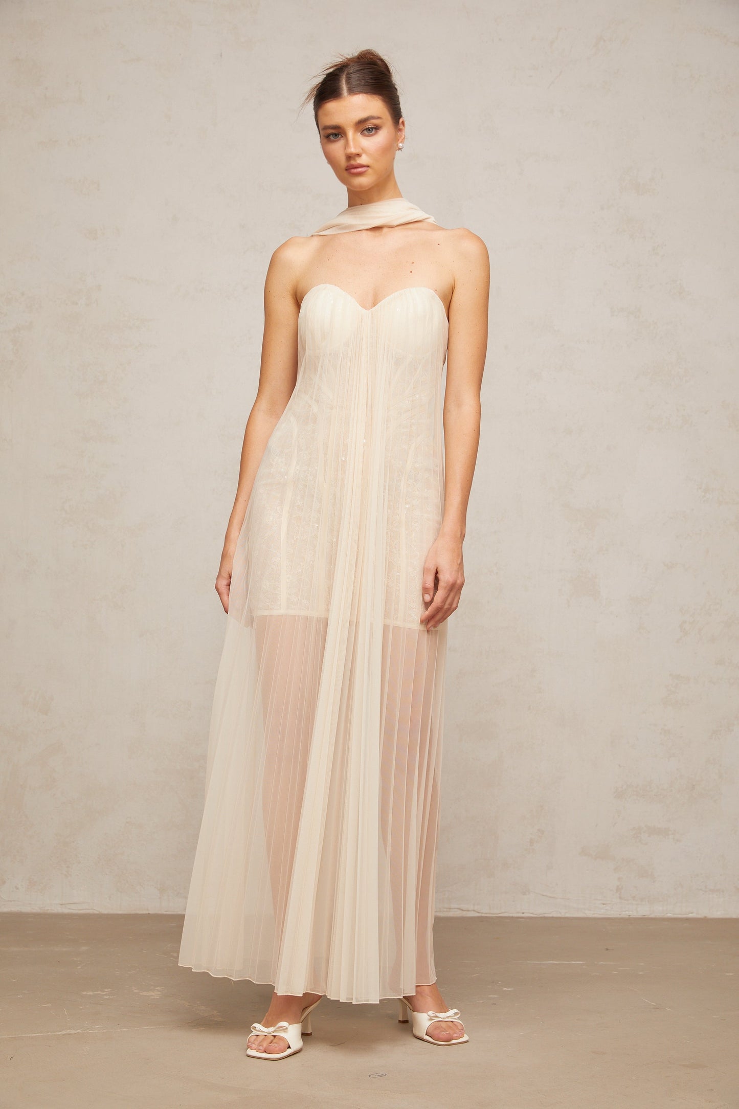 Monique ribbon-design pleated tulle maxi dress in Neutrals