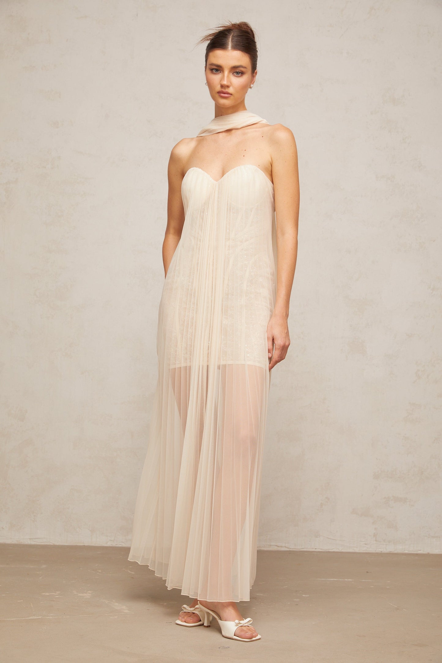 Monique ribbon-design pleated tulle maxi dress in Neutrals
