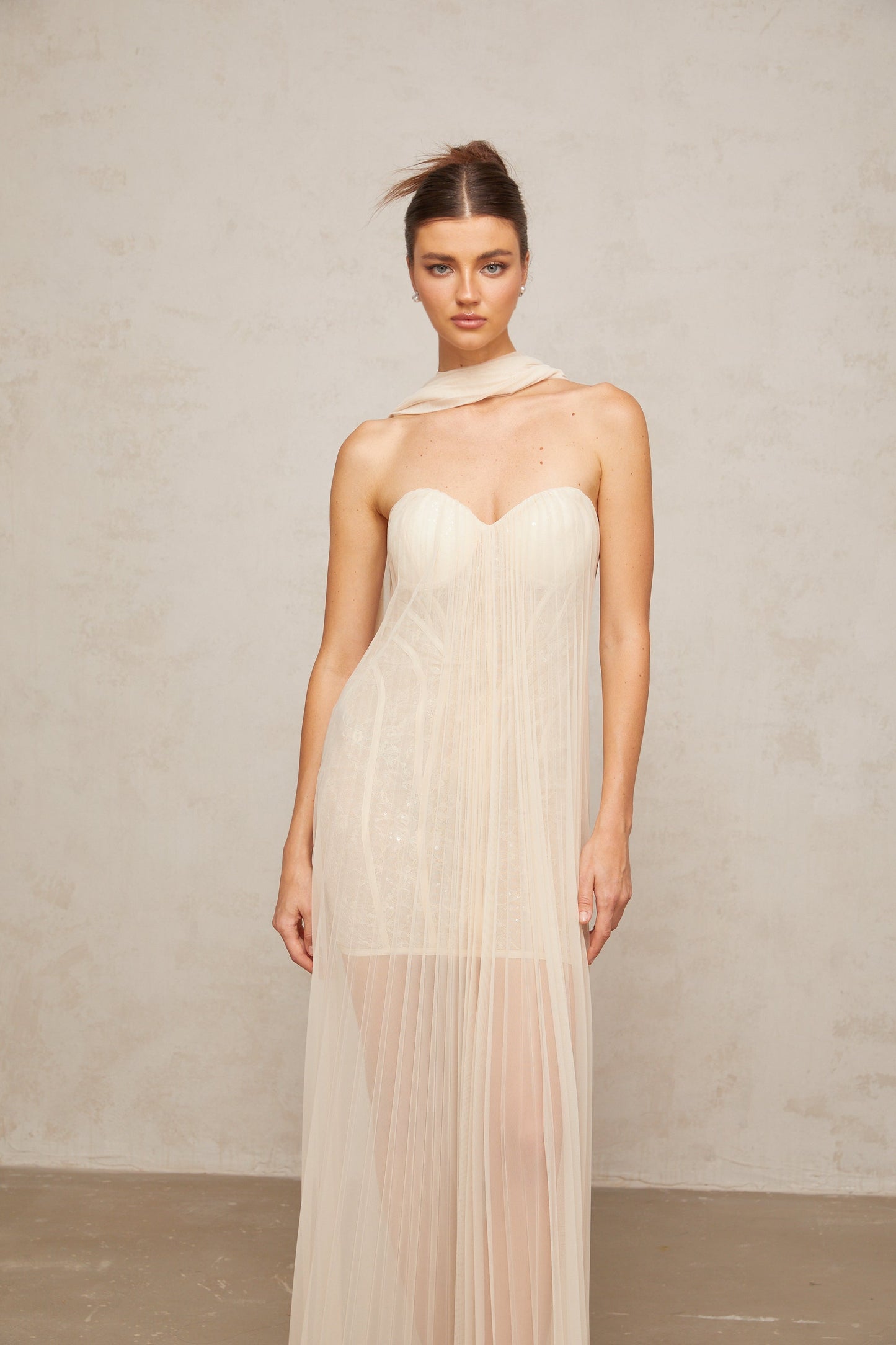Monique ribbon-design pleated tulle maxi dress in Neutrals