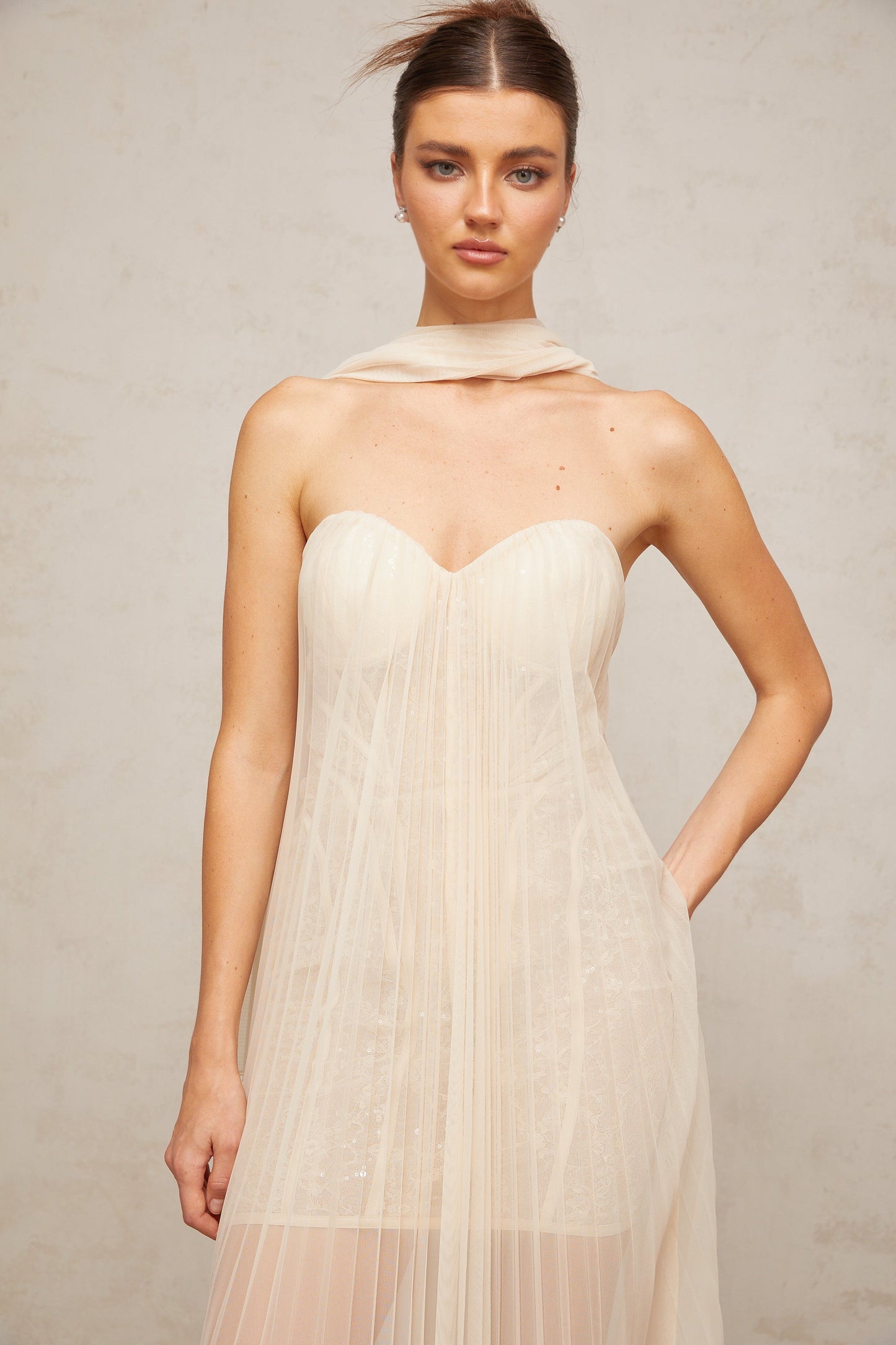 Monique ribbon-design pleated tulle maxi dress in Neutrals