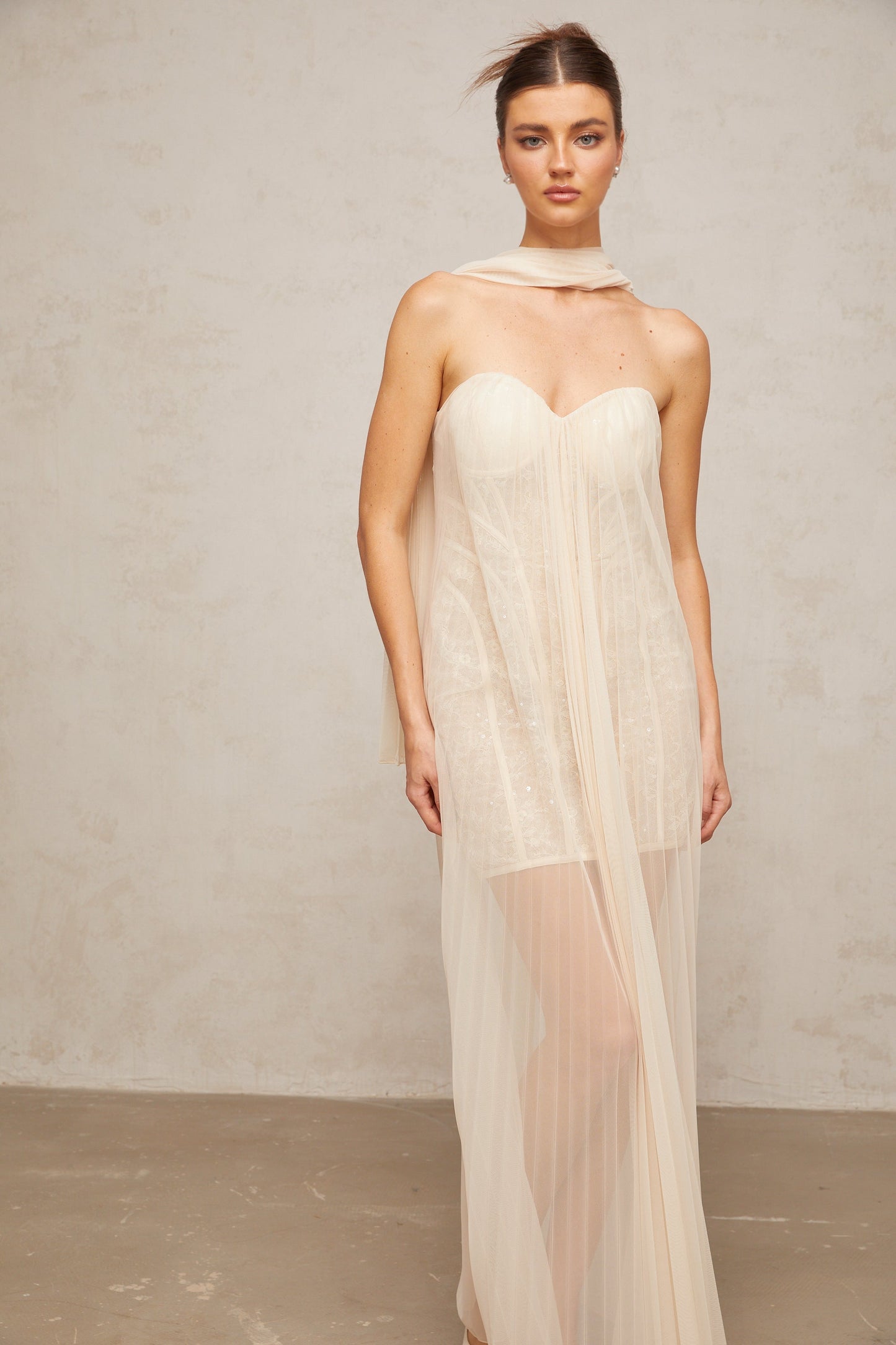 Monique ribbon-design pleated tulle maxi dress in Neutrals