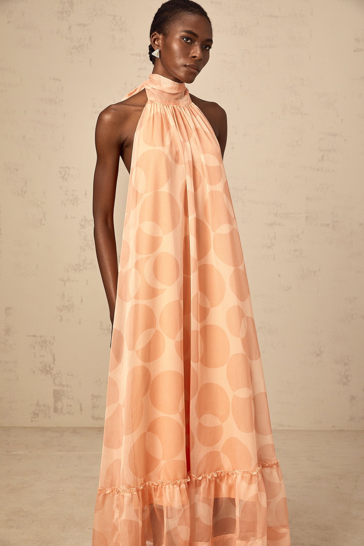 Clémence coral-pink halterneck pattern-print maxi dress