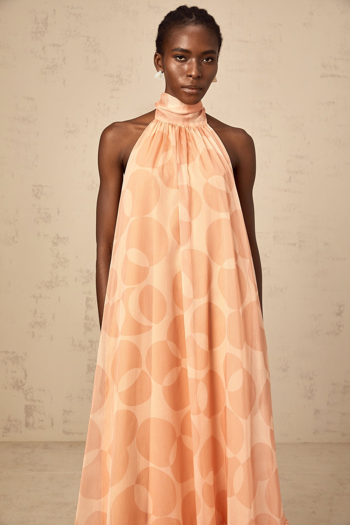 Clémence coral-pink halterneck pattern-print maxi dress