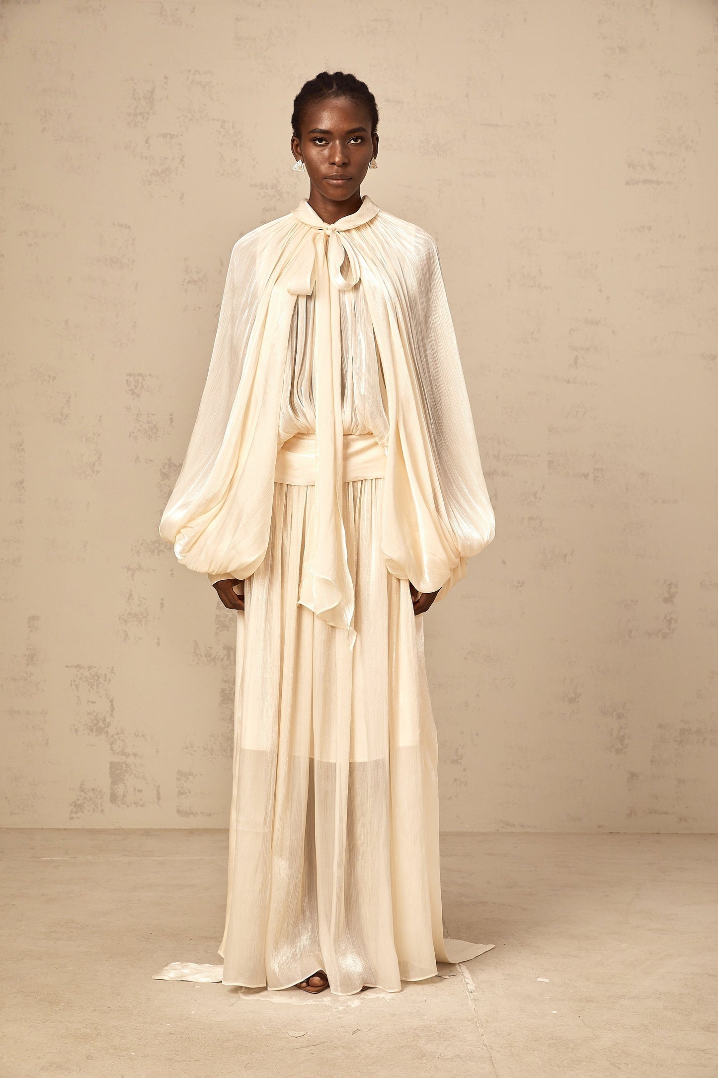 Mila pleated satin maxi dress in Neutrals