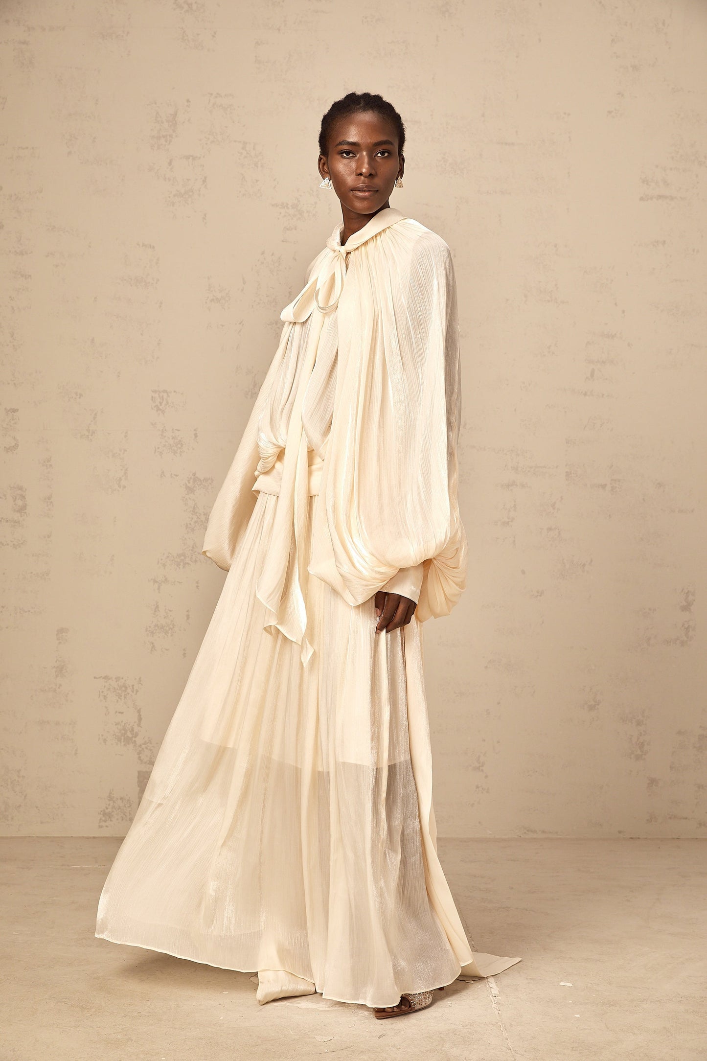 Mila pleated satin maxi dress in Neutrals