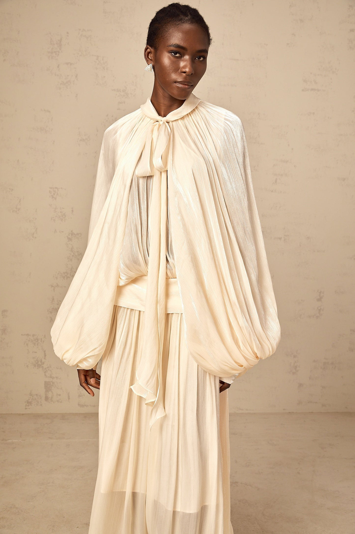 Mila pleated satin maxi dress in Neutrals
