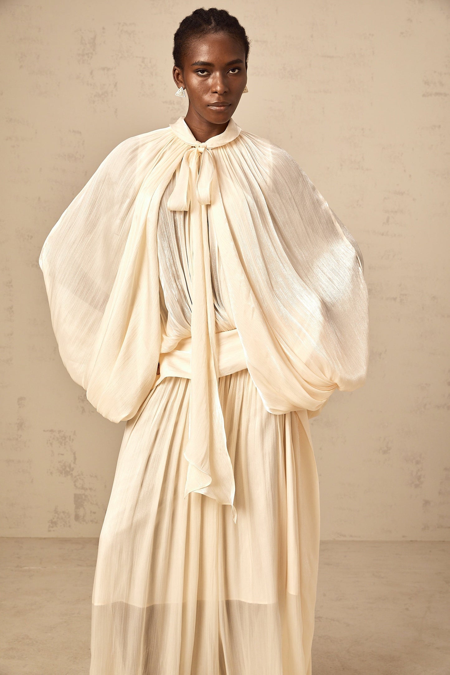 Mila pleated satin maxi dress in Neutrals