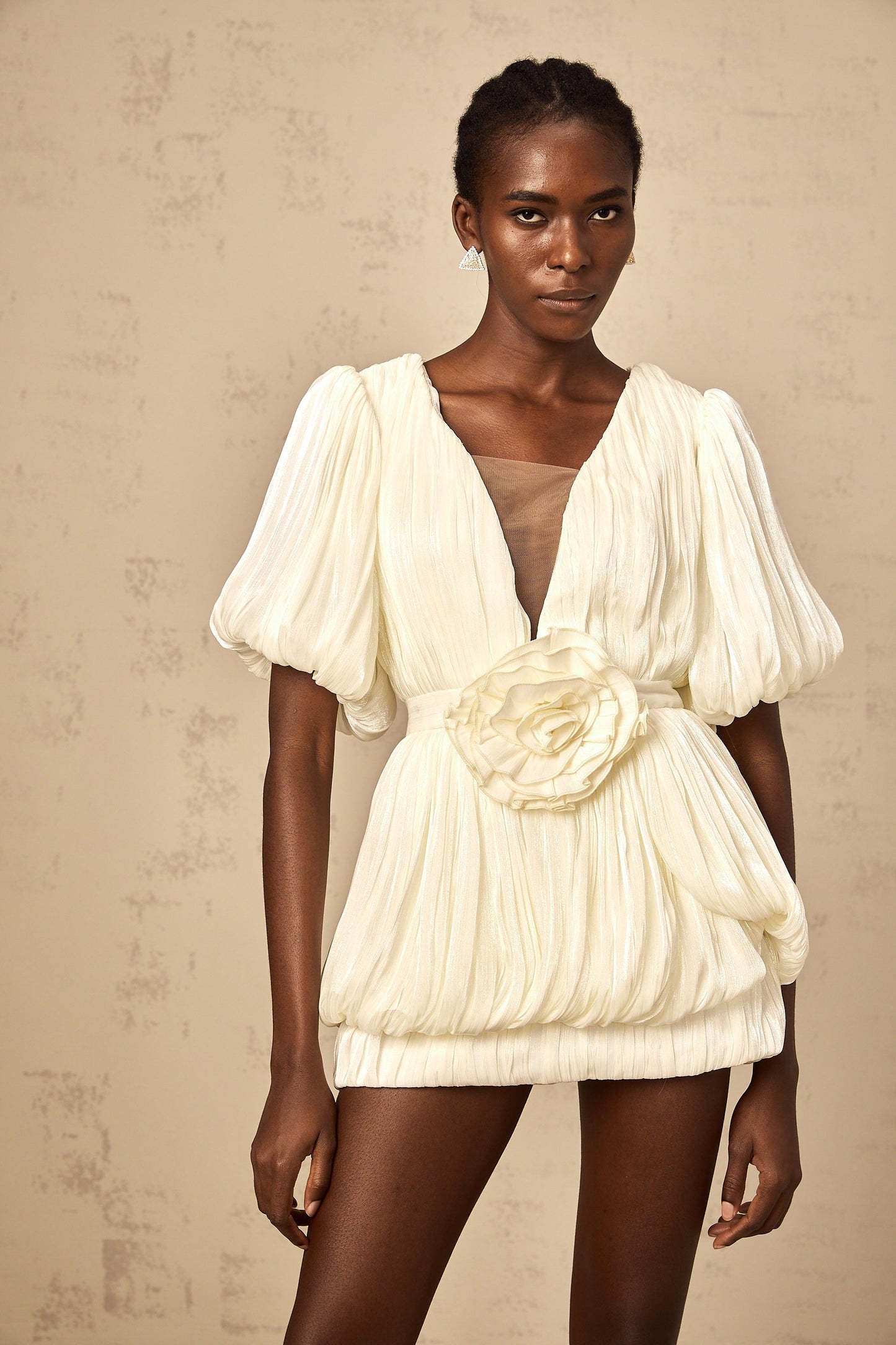 Nadège neutrals pleated floral-appliqué mini dress