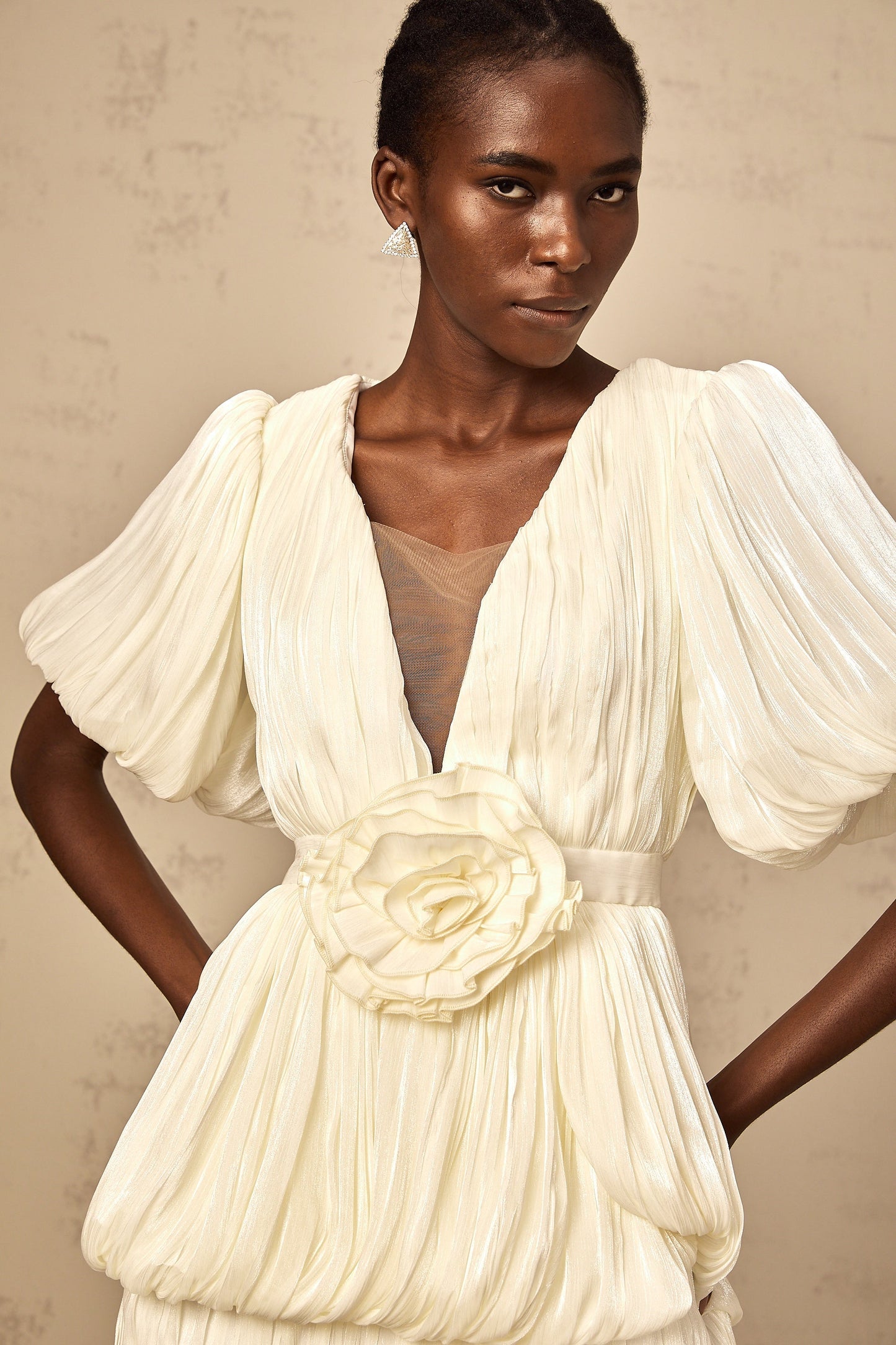Nadège neutrals pleated floral-appliqué mini dress