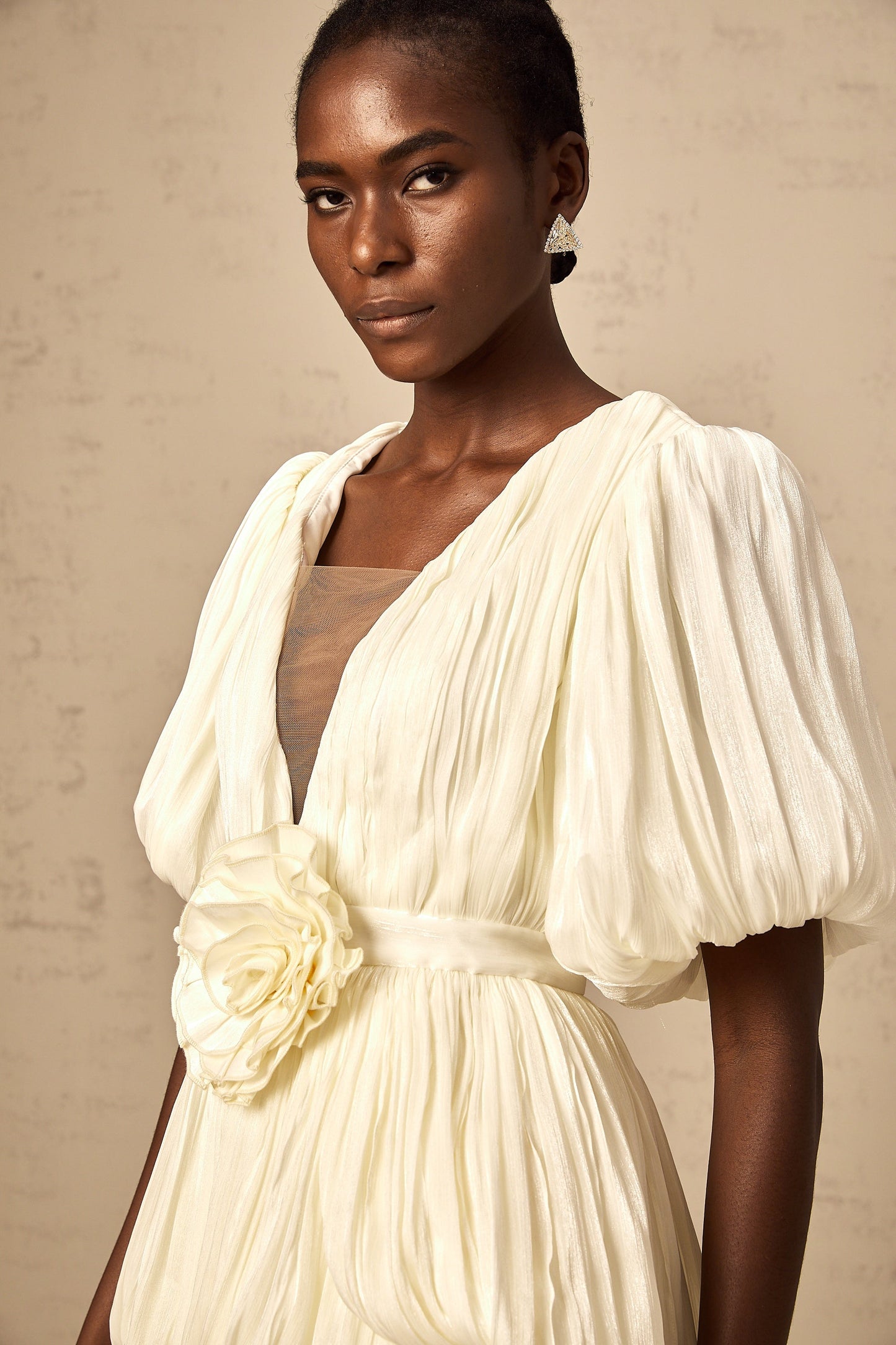 Nadège neutrals pleated floral-appliqué mini dress