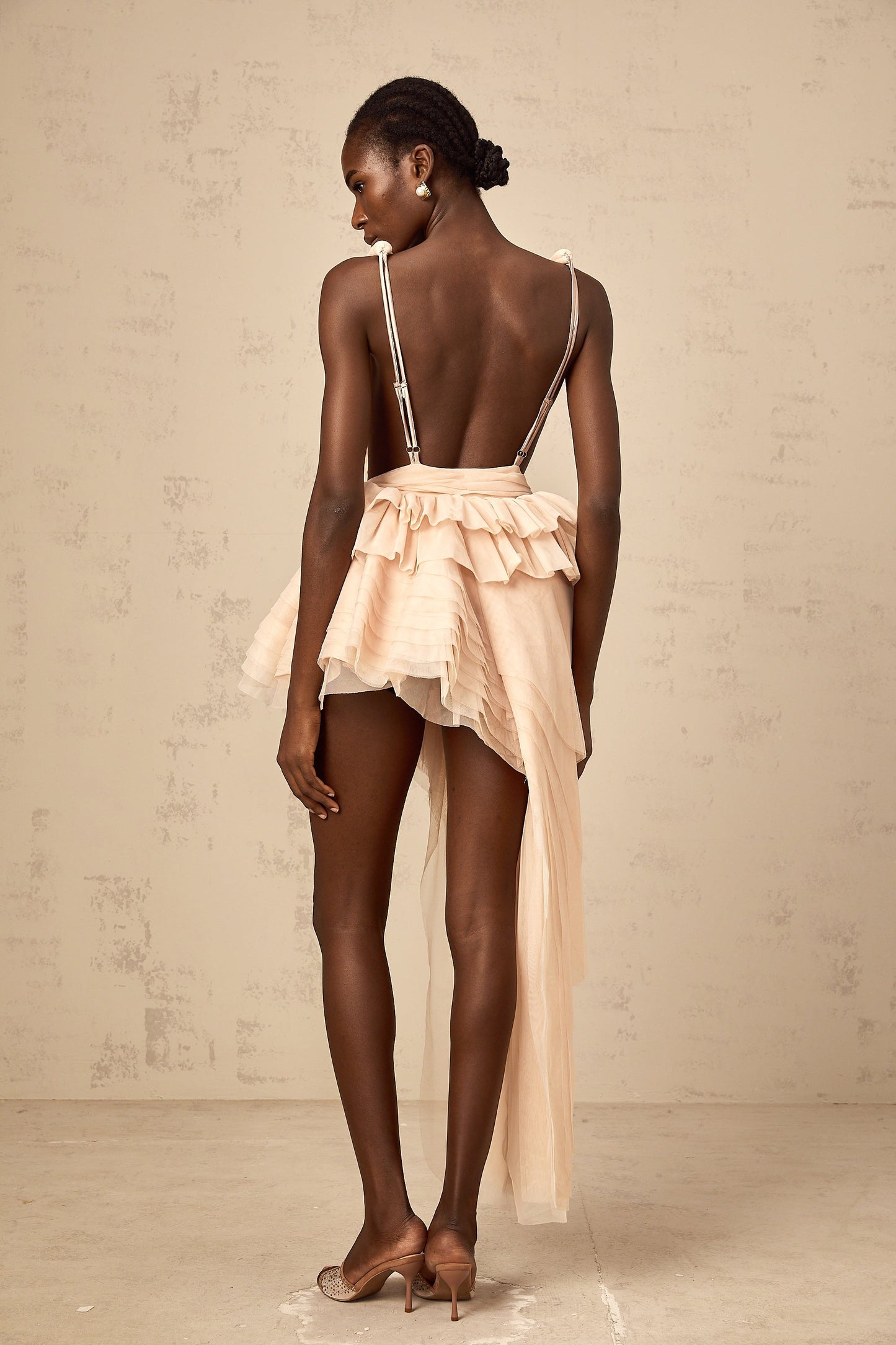 Isoline ribbon-design asymmetrical mini dress in Neutrals