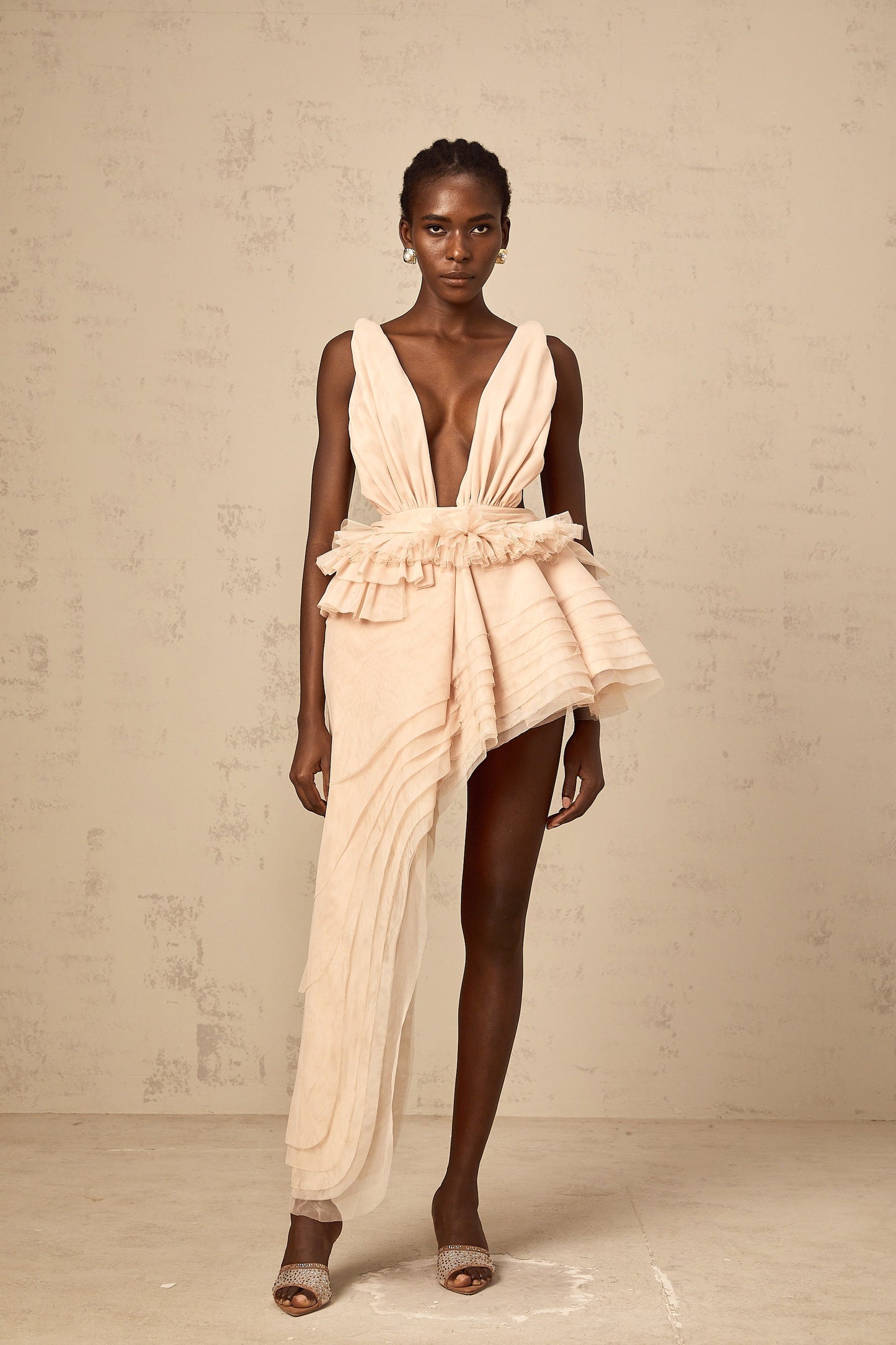 Isoline ribbon-design asymmetrical mini dress in Neutrals