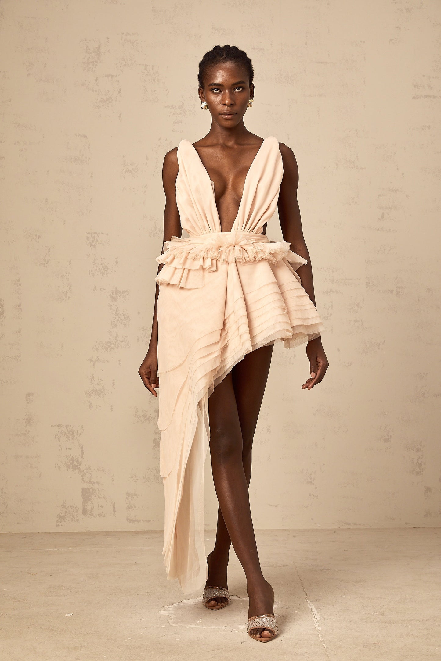Isoline ribbon-design asymmetrical mini dress in Neutrals