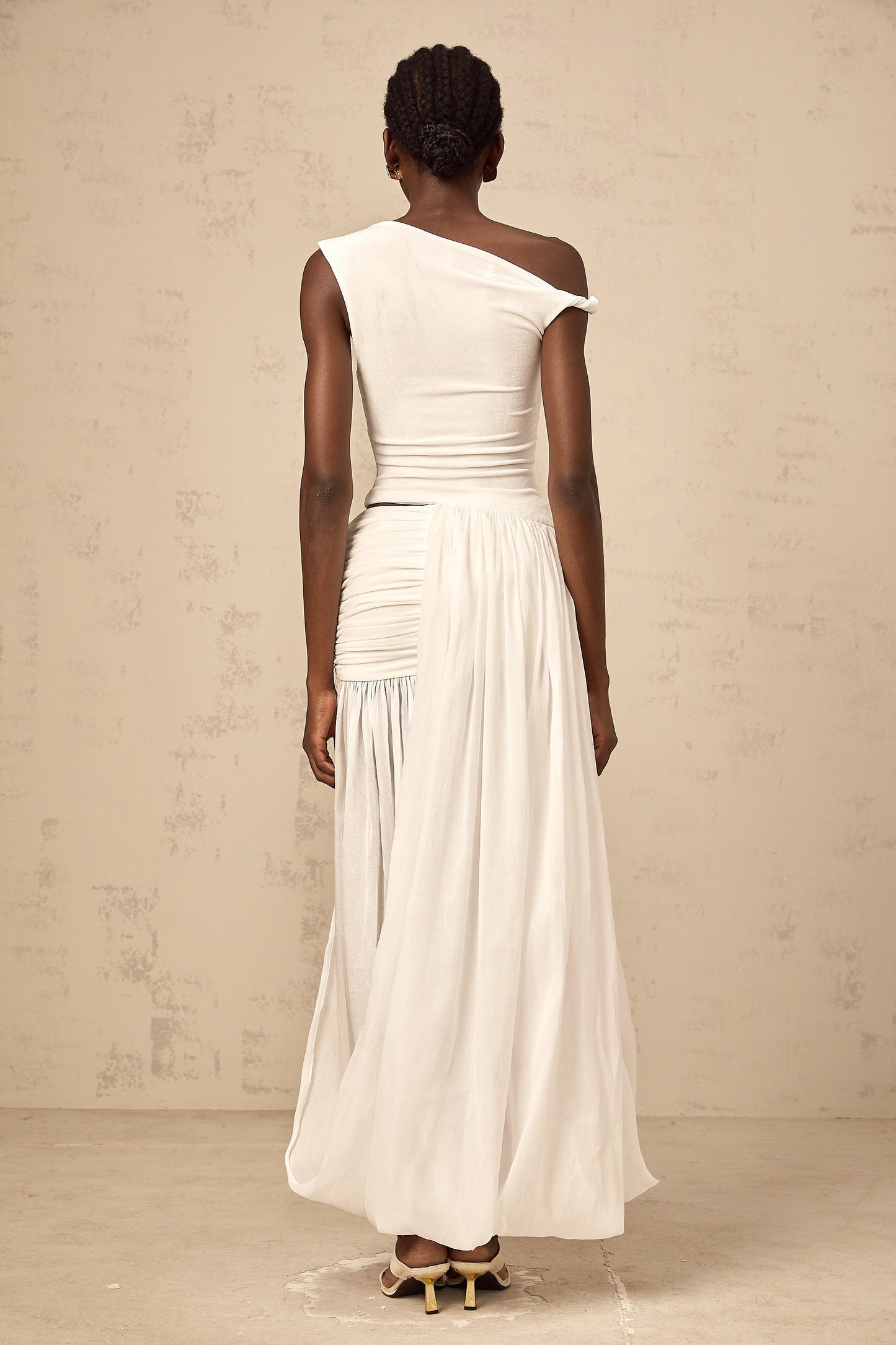 Eugenie mono-shoulder shirred-panel maxi dress in White