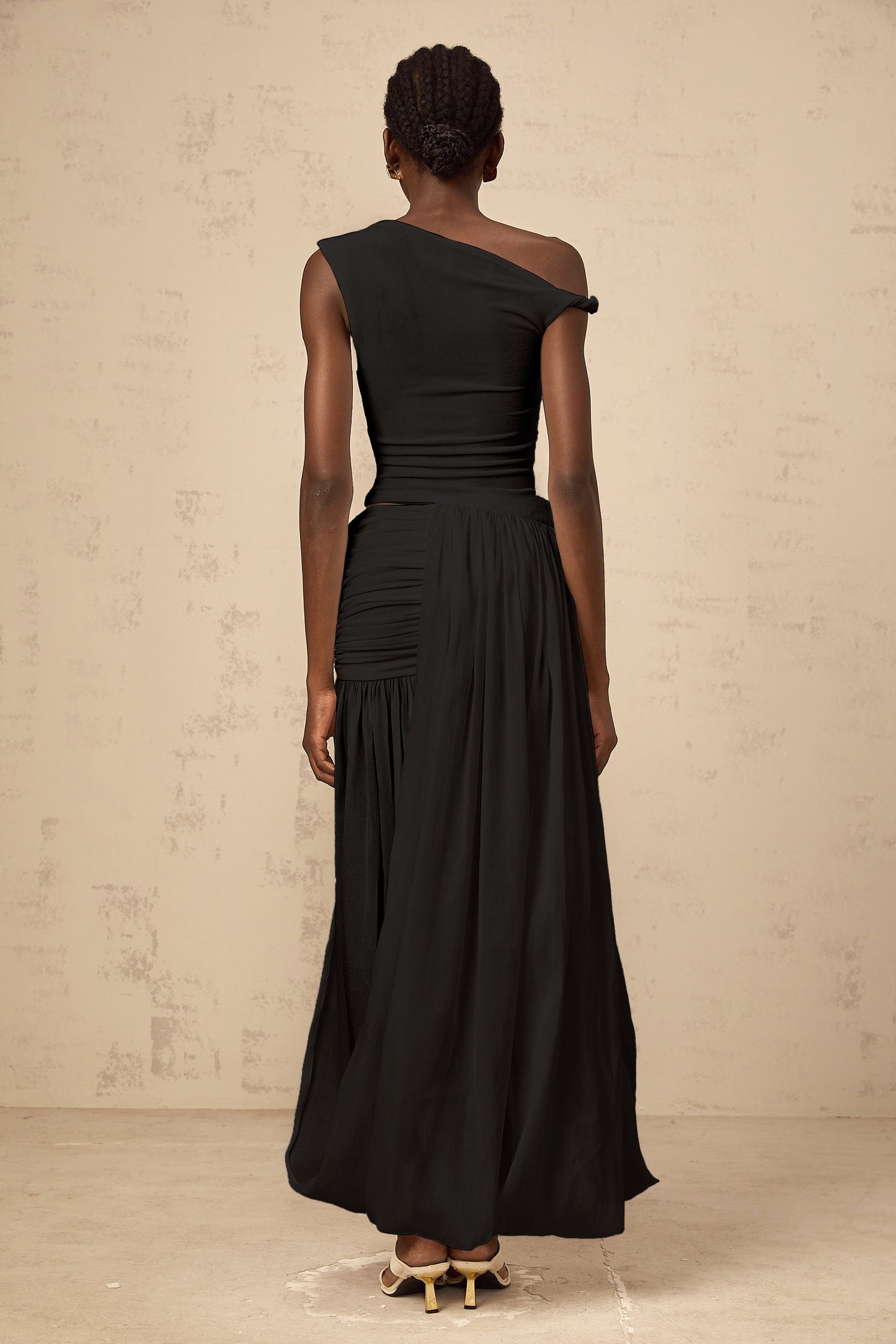 Eugenie mono-shoulder shirred-panel maxi dress in Black