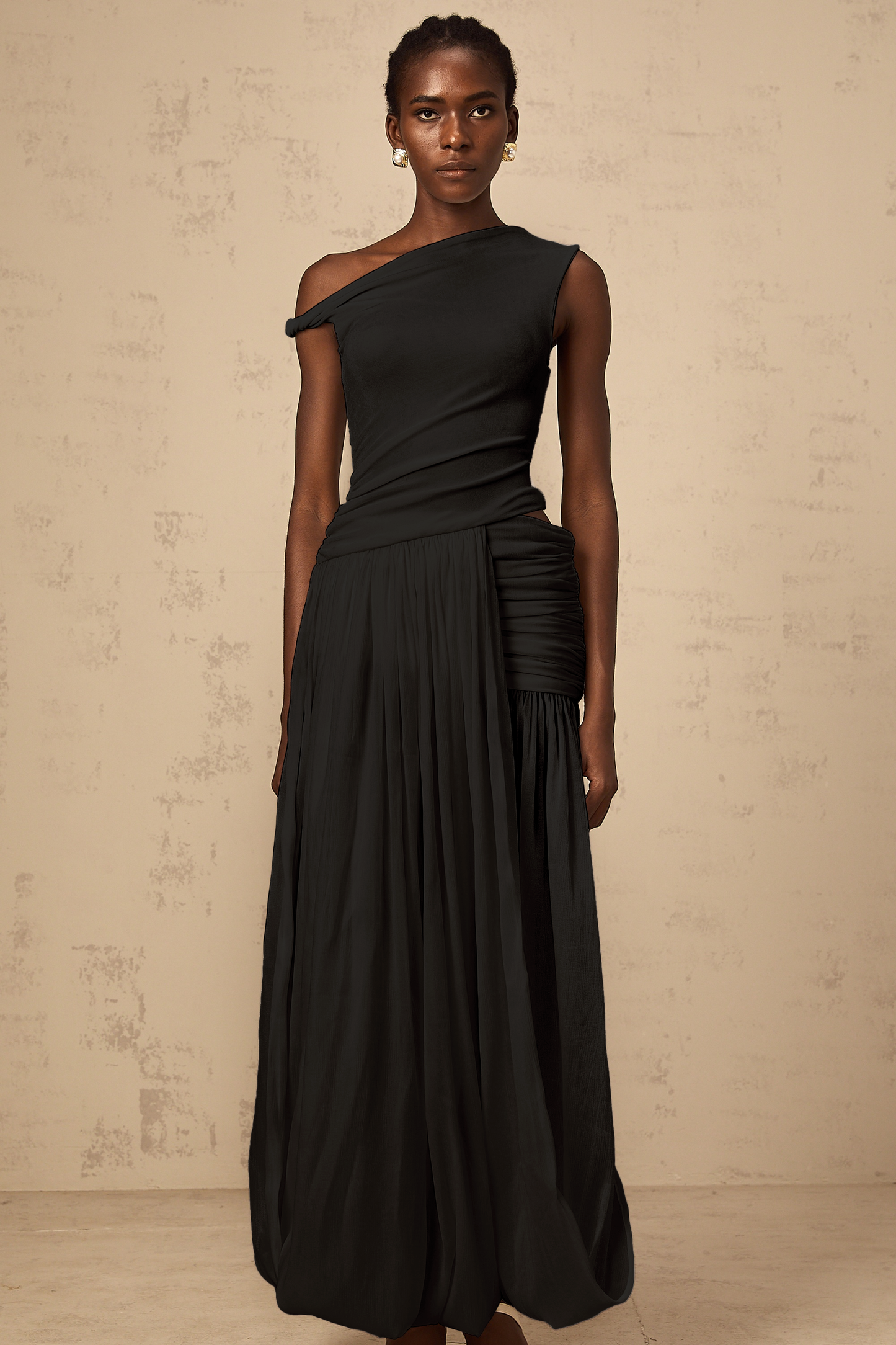 Eugenie mono-shoulder shirred-panel maxi dress in Black