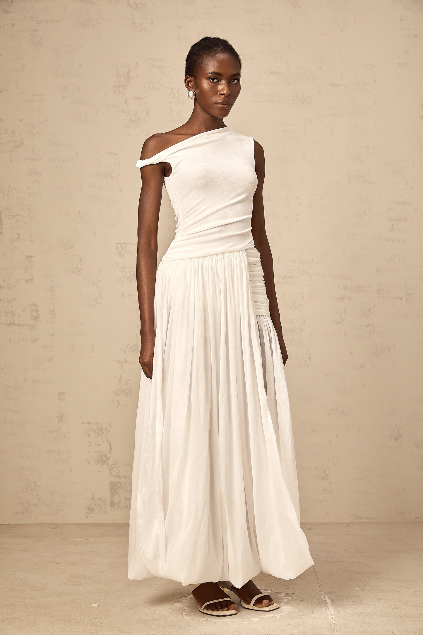 Eugenie mono-shoulder shirred-panel maxi dress in White