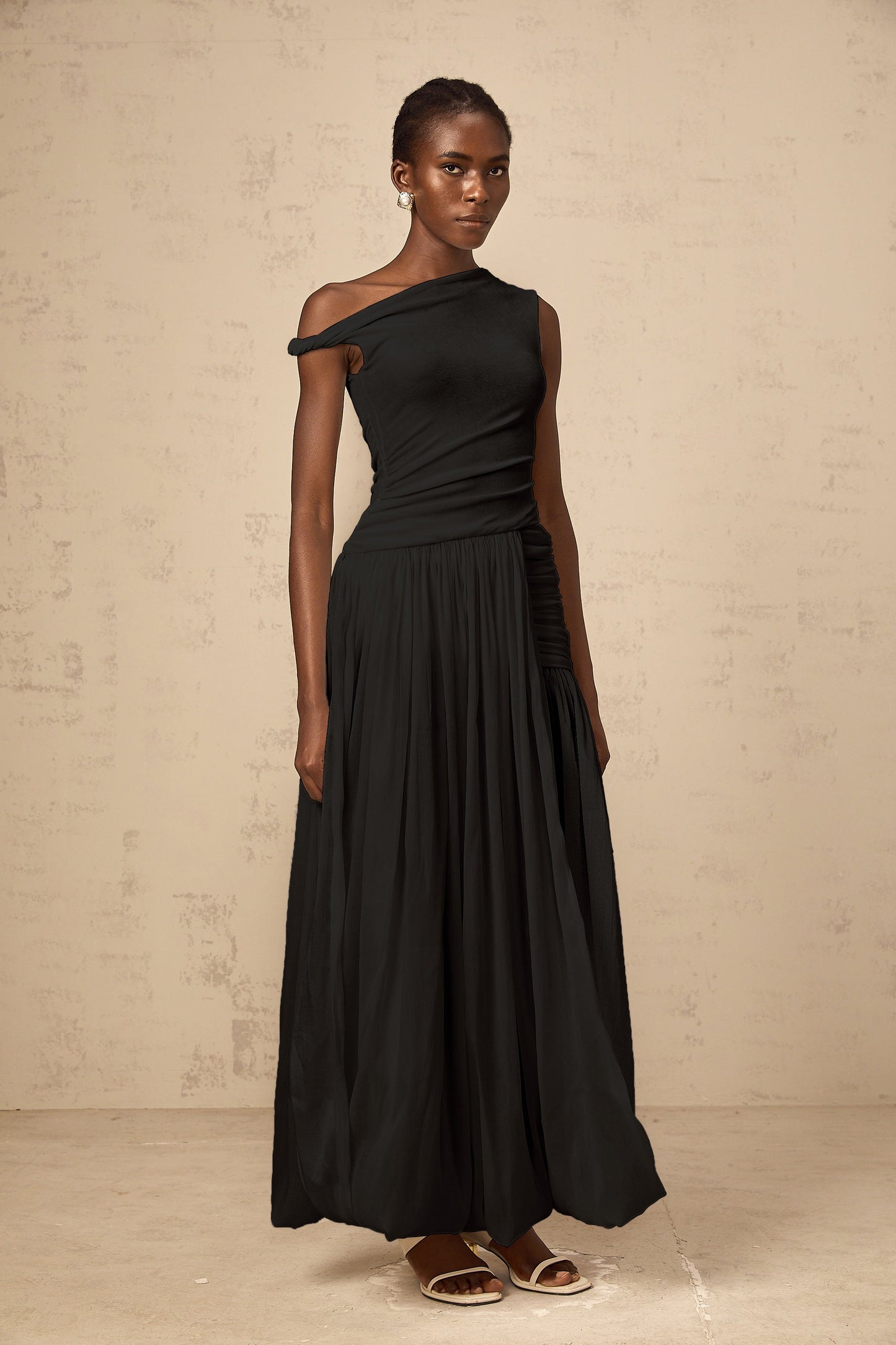 Eugenie mono-shoulder shirred-panel maxi dress in Black