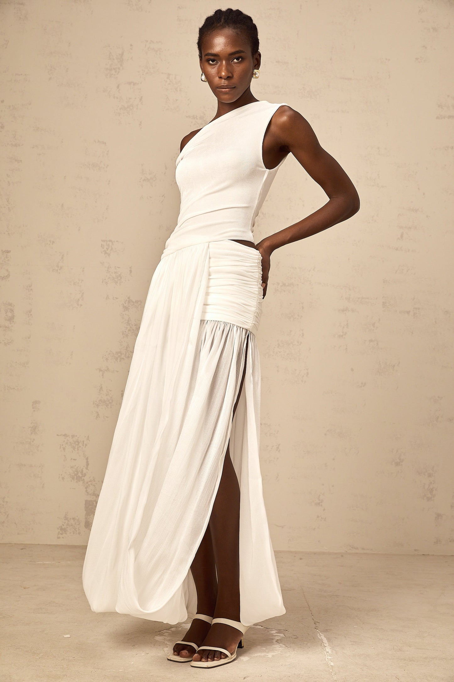 Eugenie mono-shoulder shirred-panel maxi dress in White