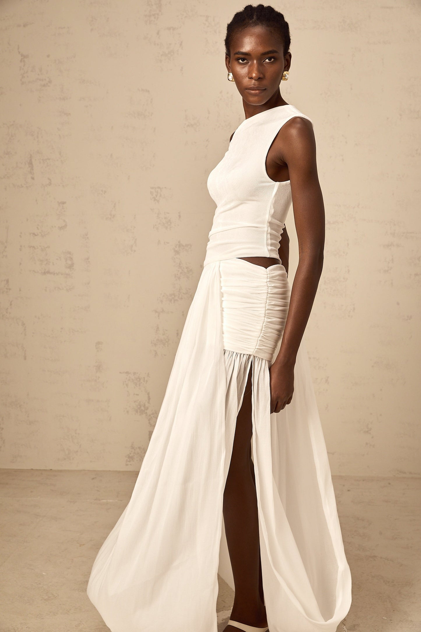 Eugenie mono-shoulder shirred-panel maxi dress in White