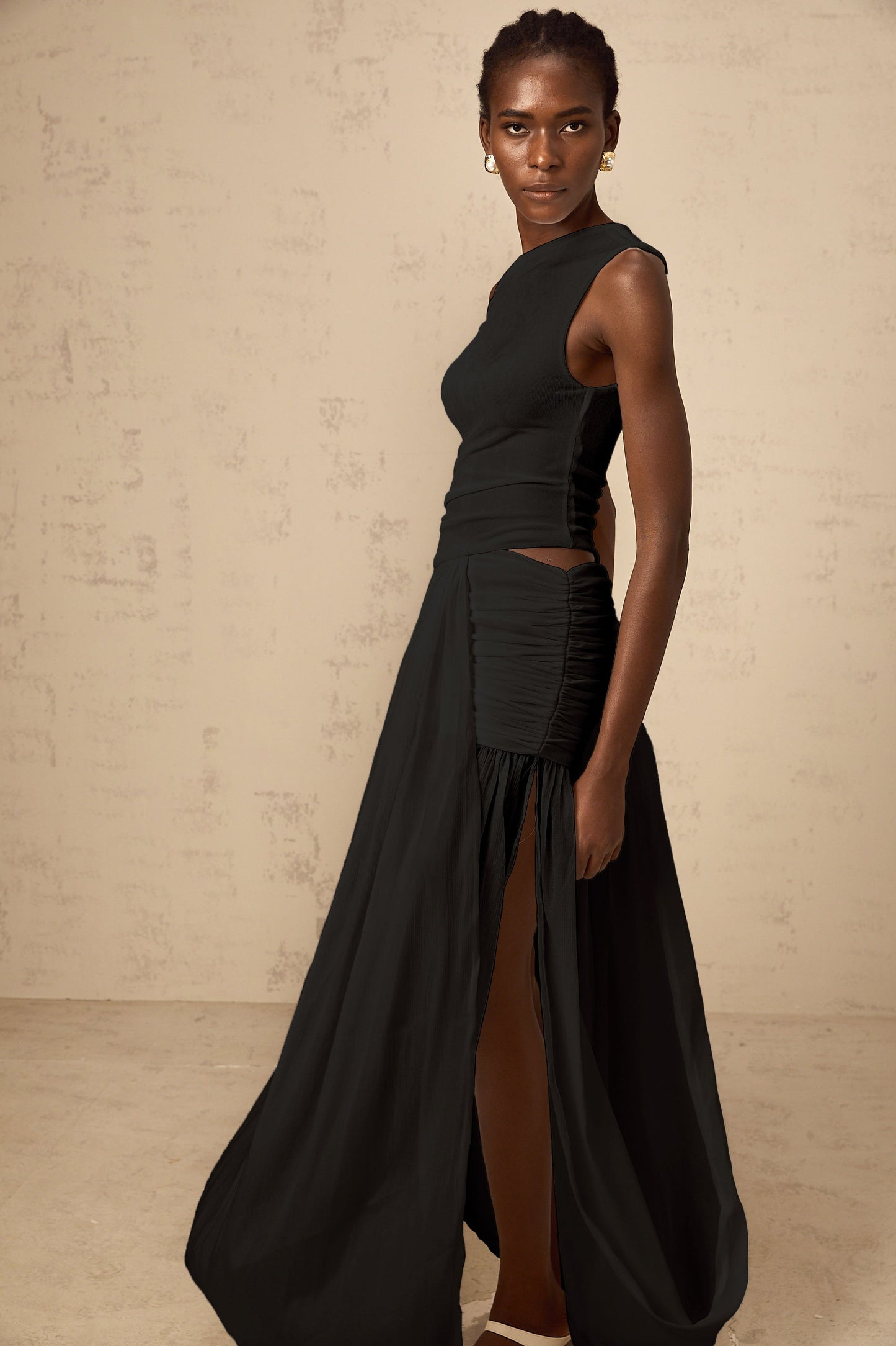 Eugenie mono-shoulder shirred-panel maxi dress in Black