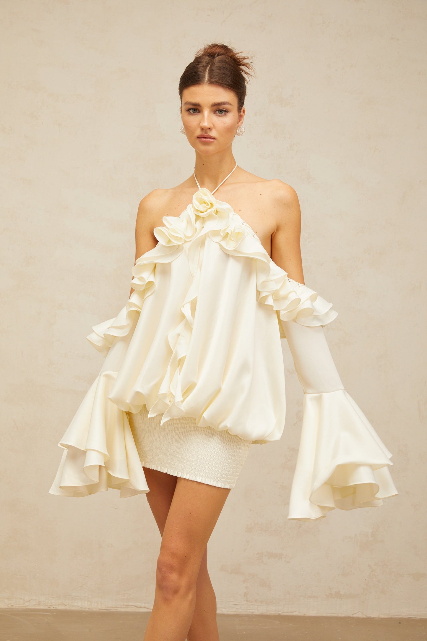 Fleur floral cold-shoulder ruffled mini dress
