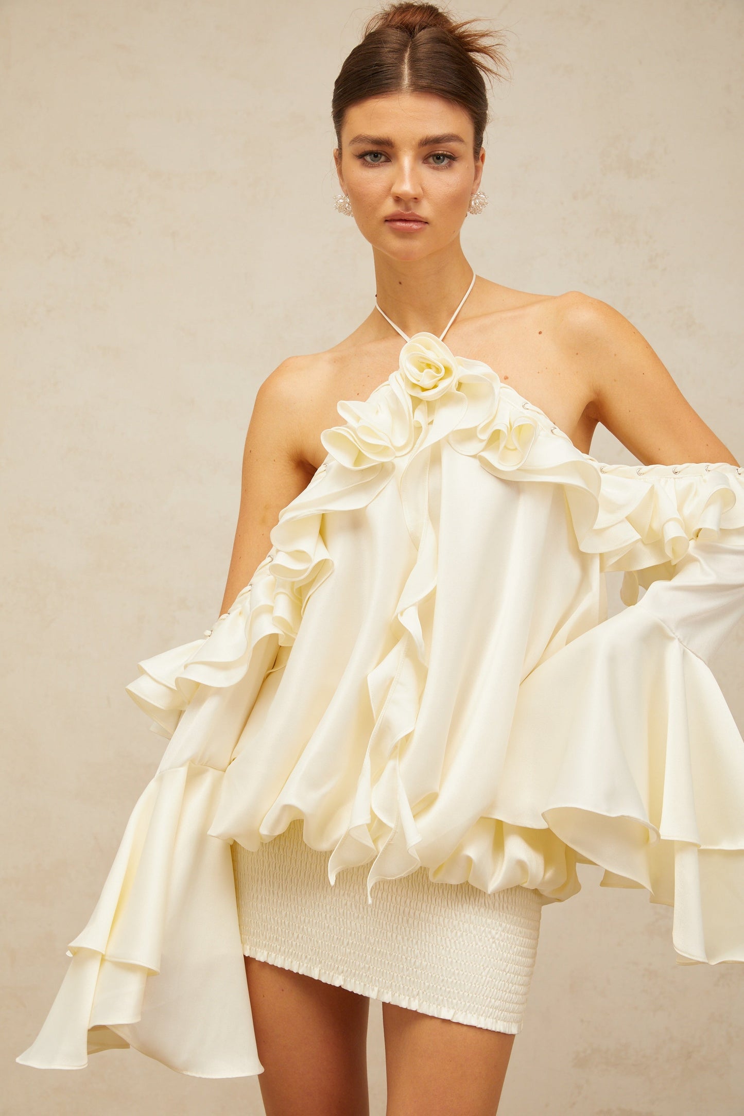 Fleur floral cold-shoulder ruffled mini dress