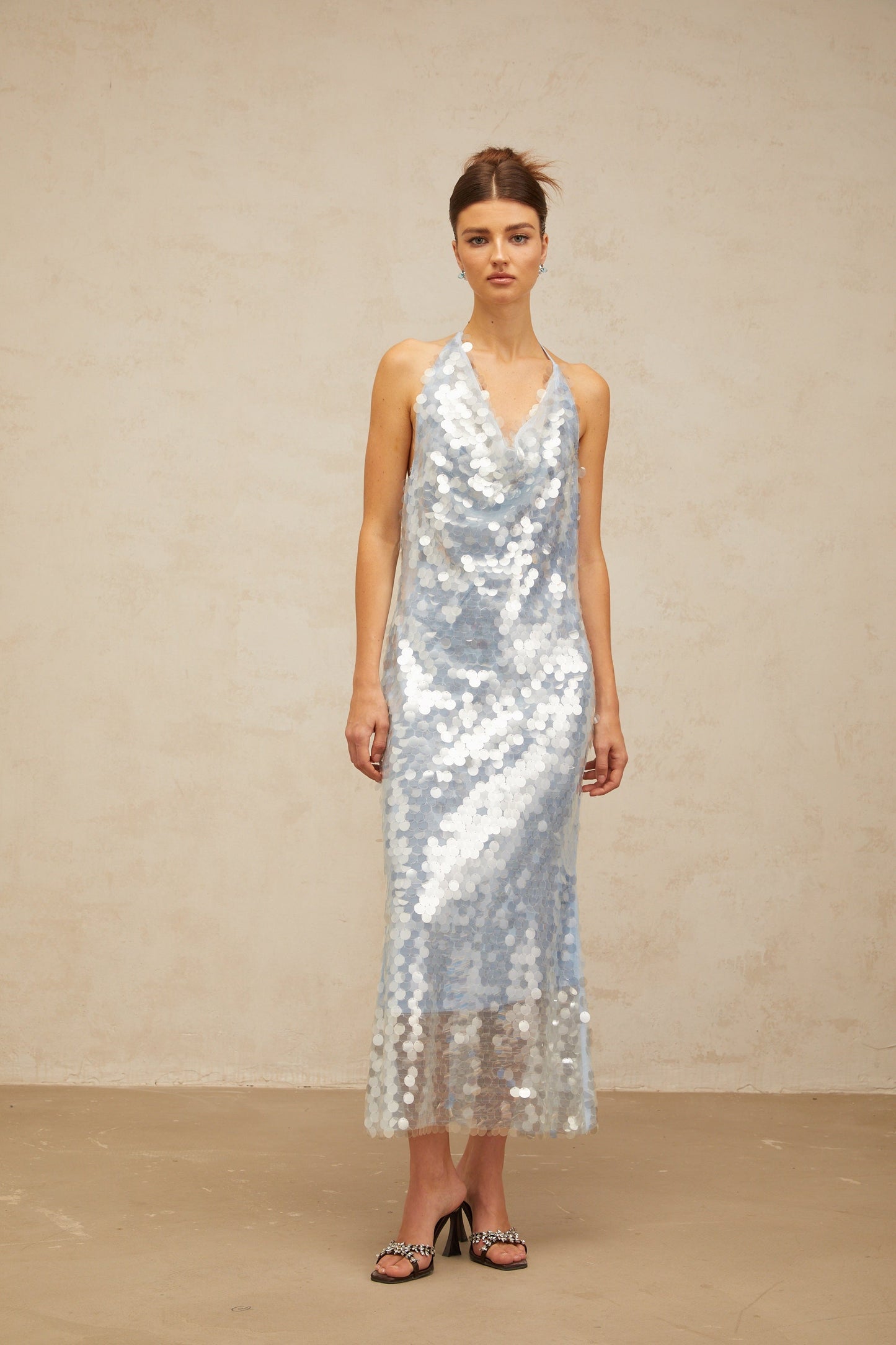 Babette blue halterneck sequined midi dress
