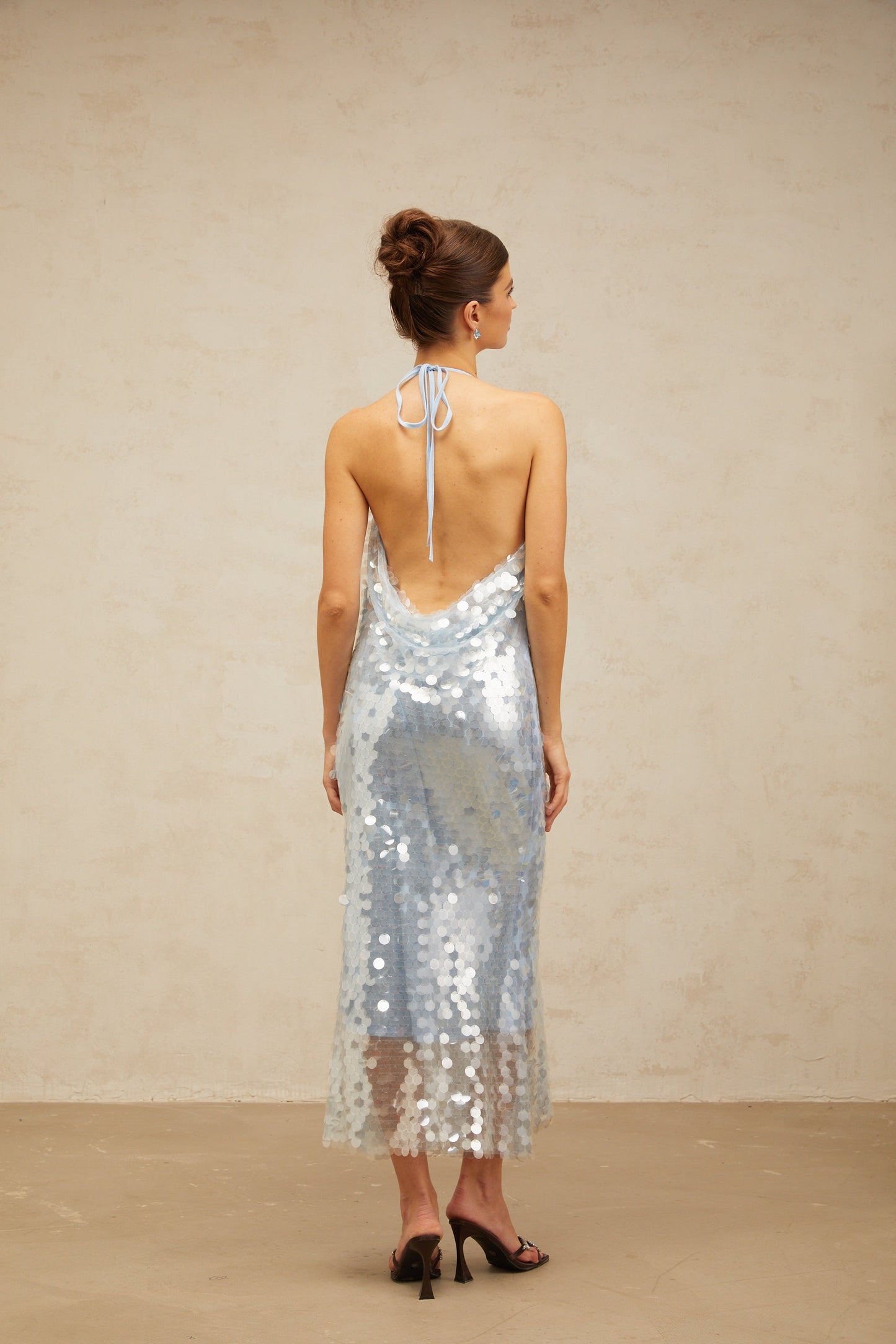 Babette blue halterneck sequined midi dress