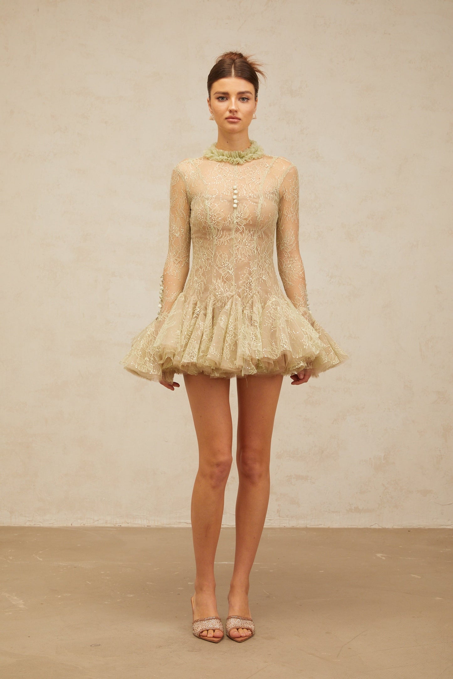 Mélodie green embroidered flared mini dress
